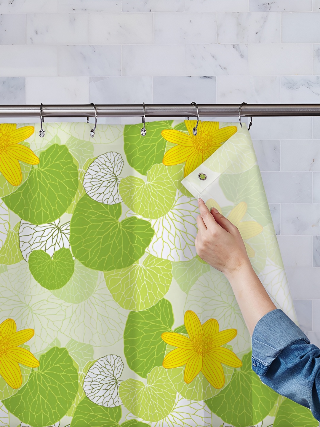 

ArtzFolio Green-Yellow & White Printed Waterproof Shower Curtains