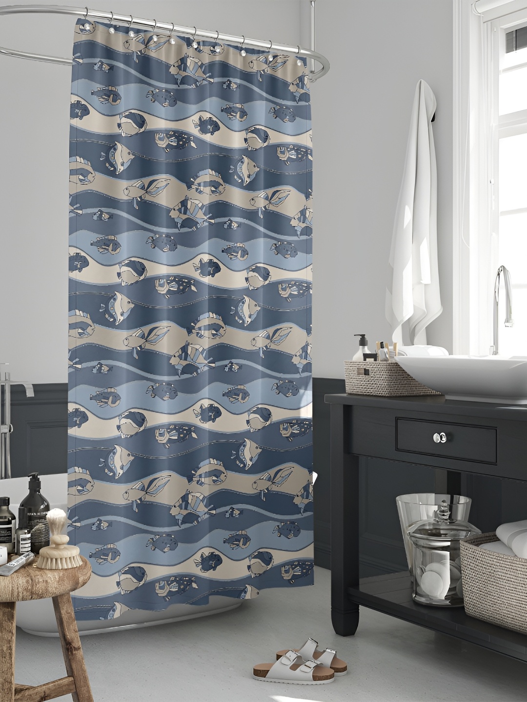 

ArtzFolio Grey & Navy-Blue Fish-Printed Waterproof Shower Curtain