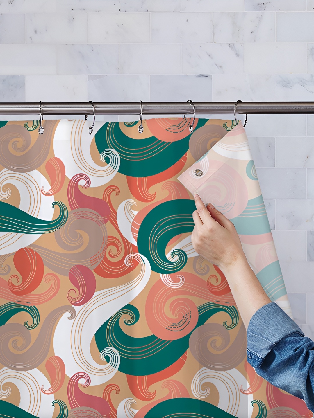 

ArtzFolio Green & Peach Colored Printed Waterproof Shower Curtains