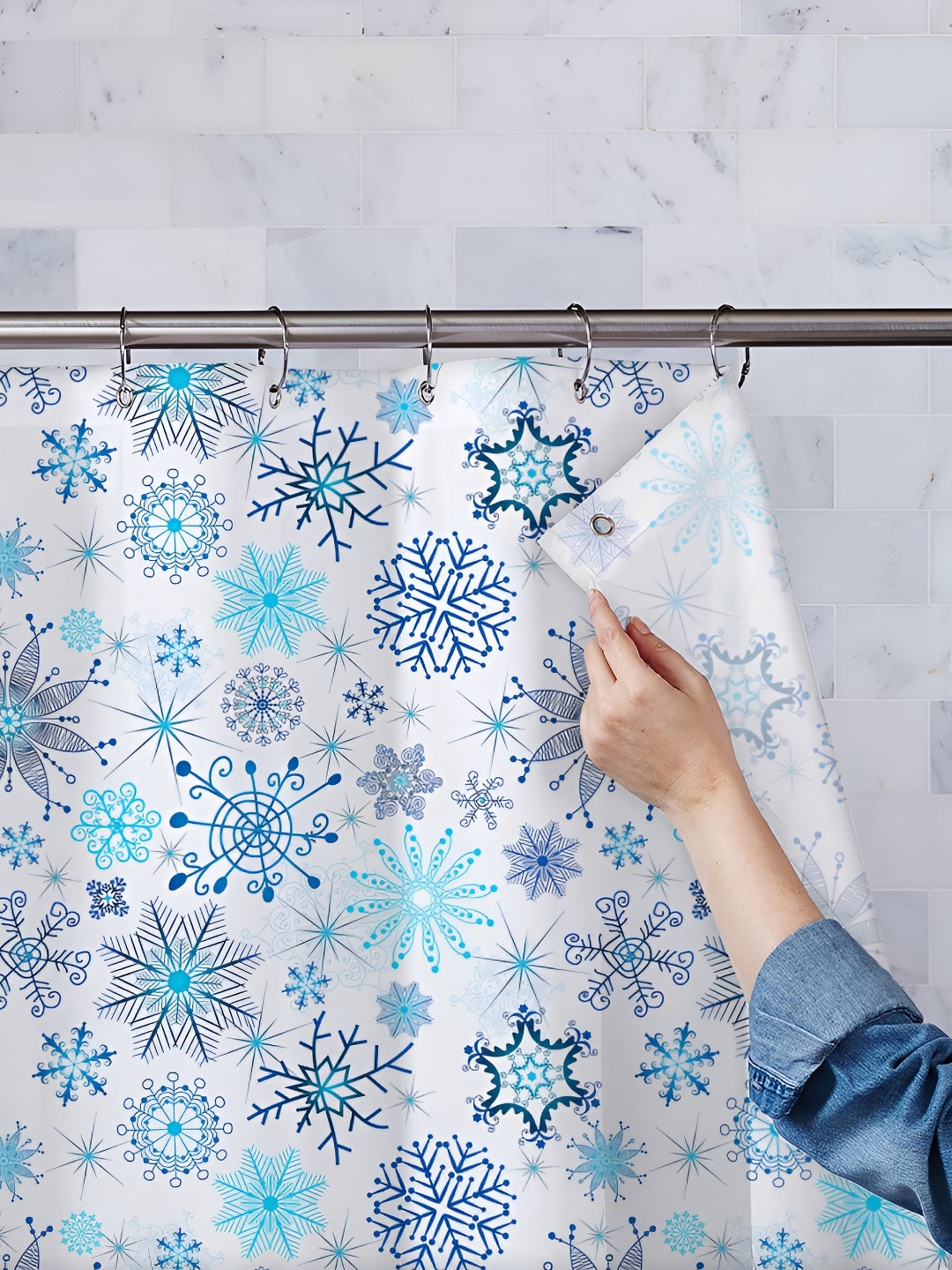 

ArtzFolio White & Blue Printed Waterproof Shower Curtains