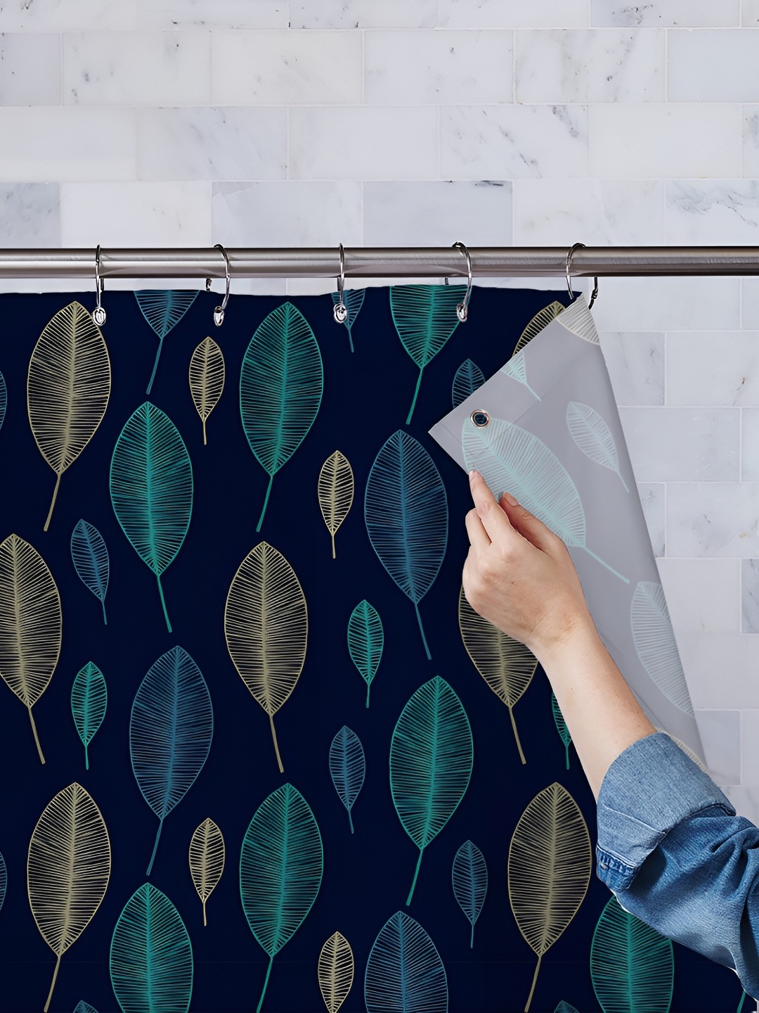 

ArtzFolio Black & Blue Printed Waterproof Shower Curtains