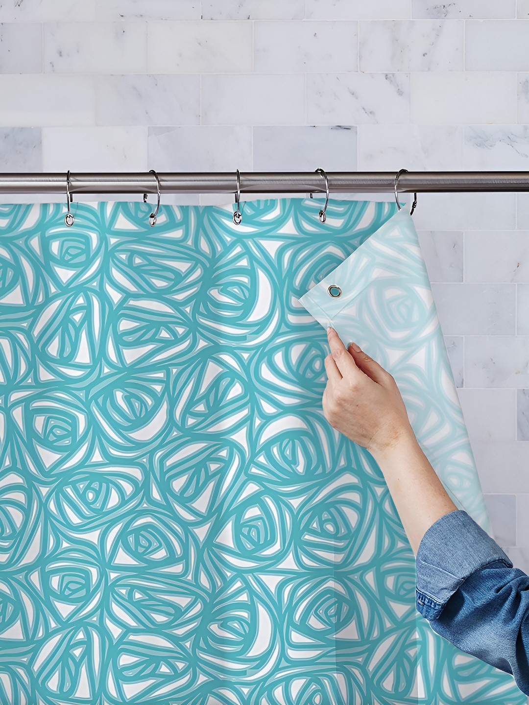 

ArtzFolio White & Blue Printed Waterproof Shower Curtains