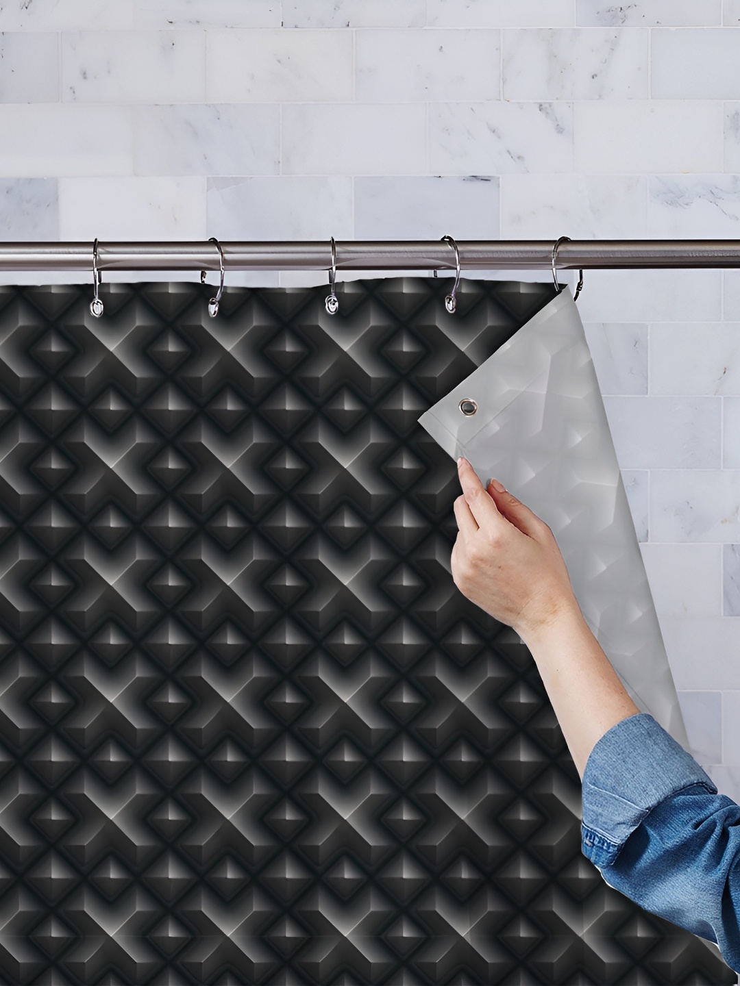 

ArtzFolio Black & Grey Printed Waterproof Shower Curtains