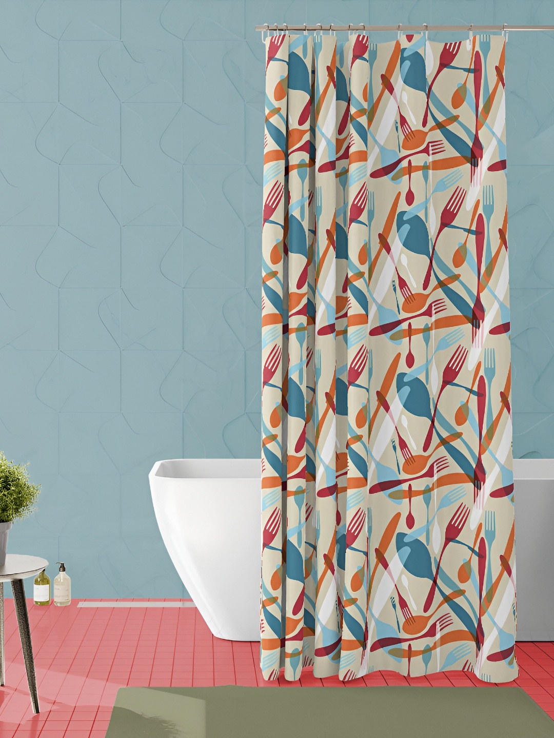 

ArtzFolio Beige & Blue Printed Waterproof Shower Curtains