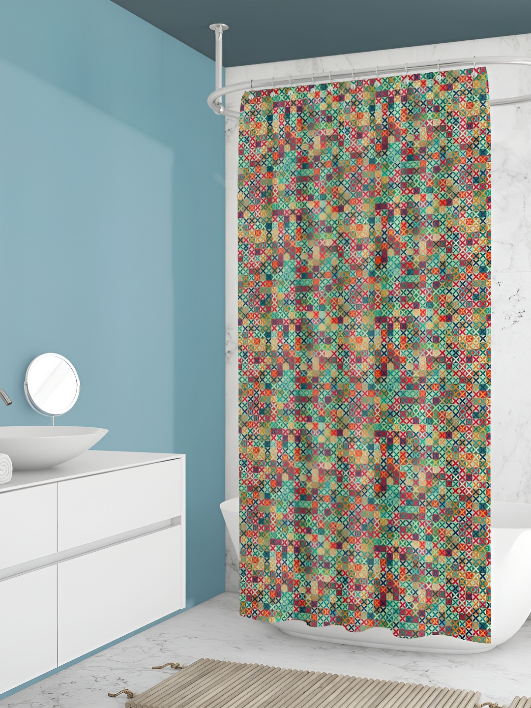 

ArtzFolio Green & Navy Blue Printed Waterproof Shower Curtains