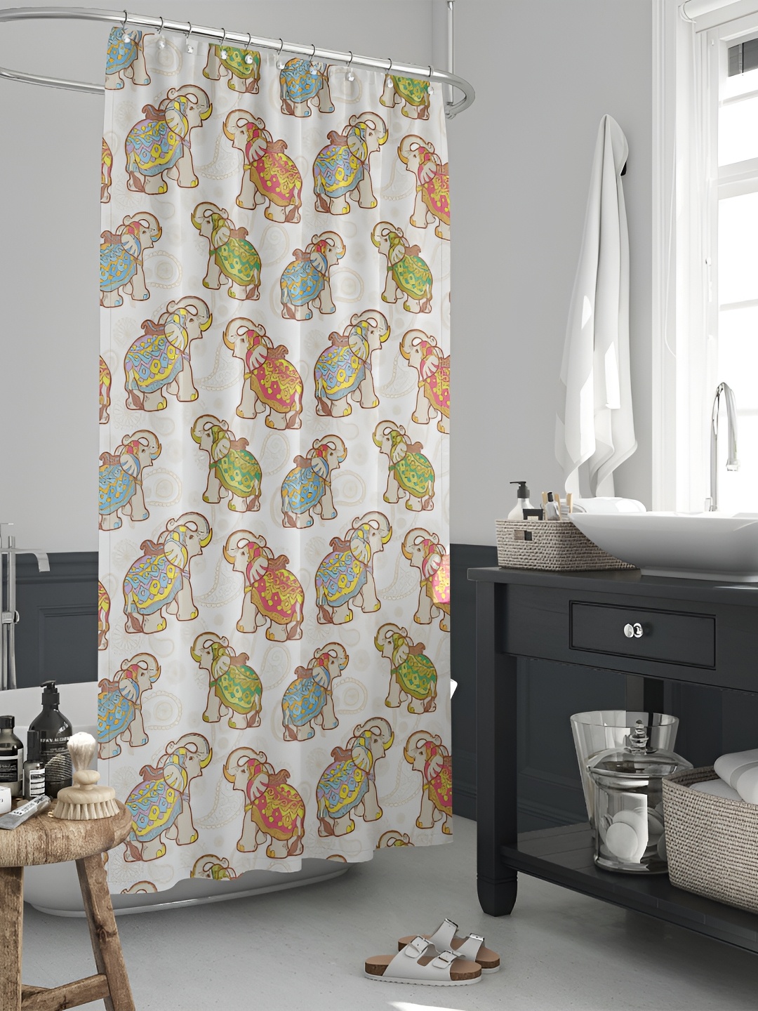 

ArtzFolio White & Brown Elephant Printed Waterproof Shower Curtains