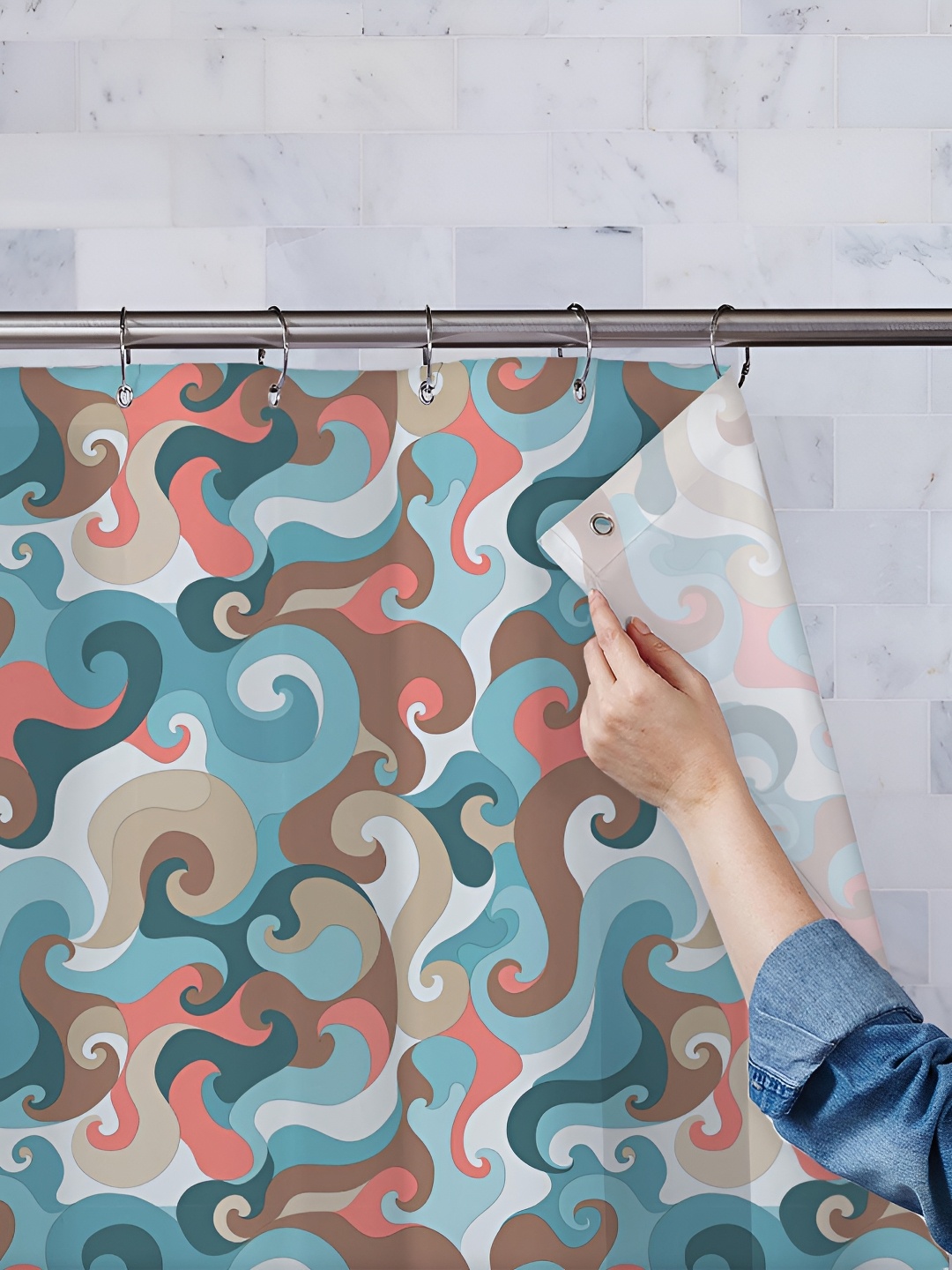 

ArtzFolio Turquoise Blue & Peach Coloured Printed Waterproof Shower Curtains