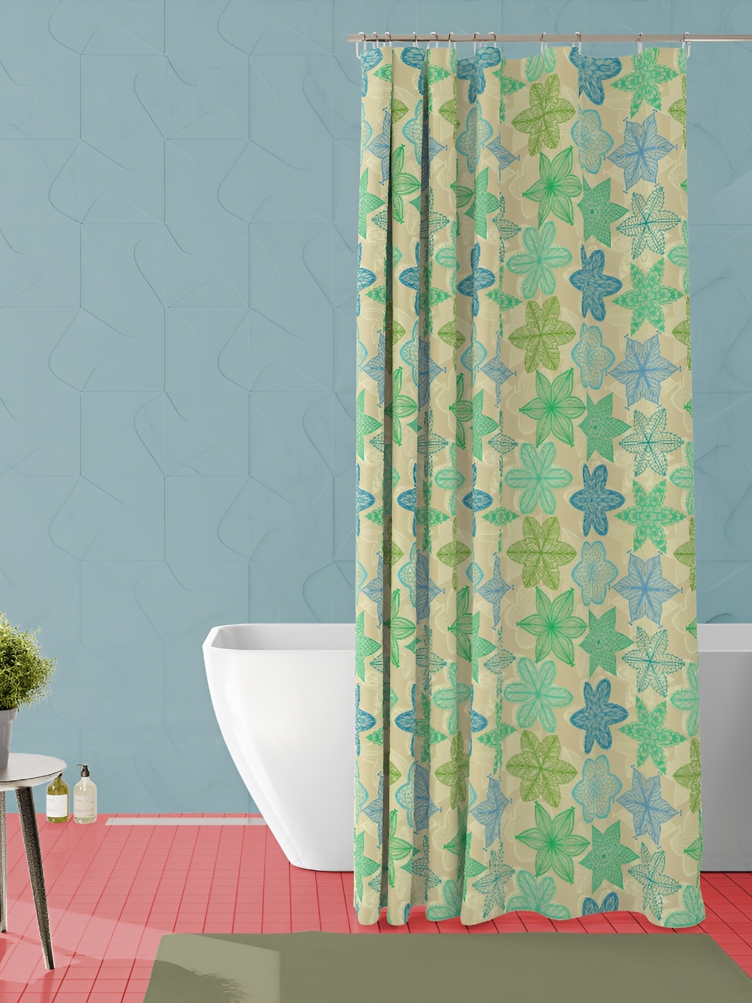 

ArtzFolio Blue & Green Printed Waterproof Shower Curtains, Off white