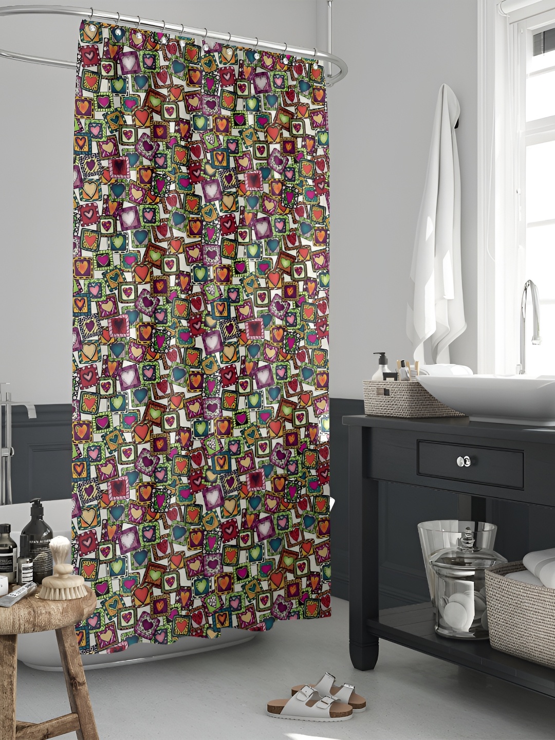 

ArtzFolio Cream-Red & Blue Printed Waterproof Shower Curtains