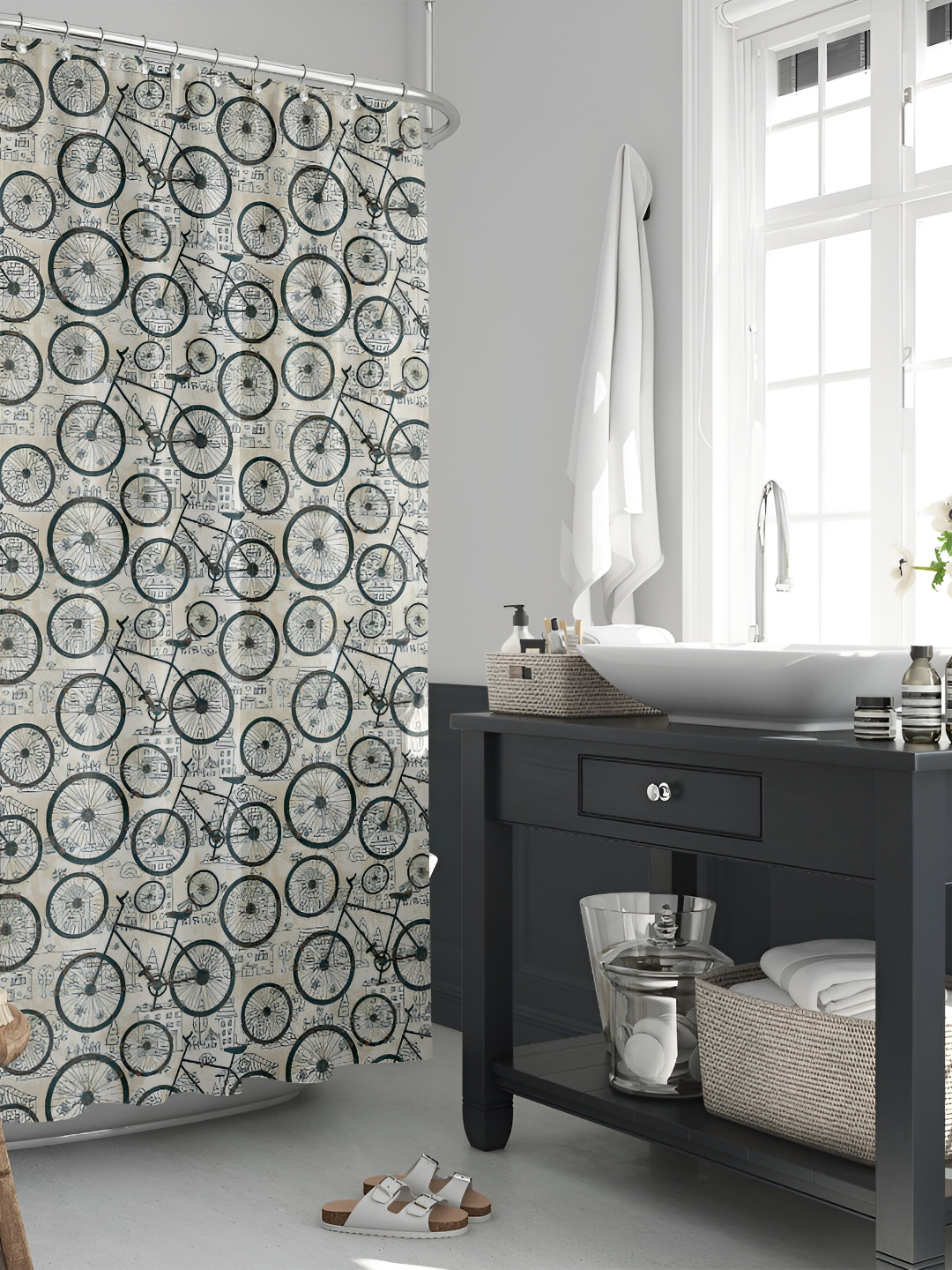 

ArtzFolio Cream & Black Printed Waterproof Shower Curtains