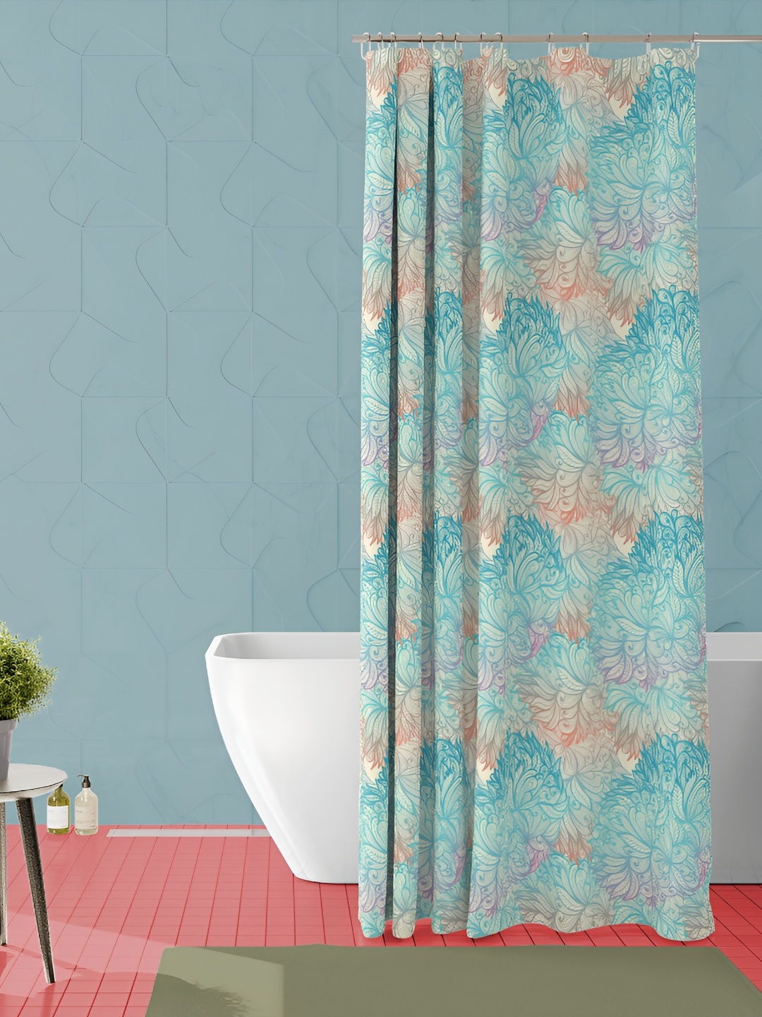 

ArtzFolio Cream-Coloured & Blue Floral Printed Waterproof Shower Curtain