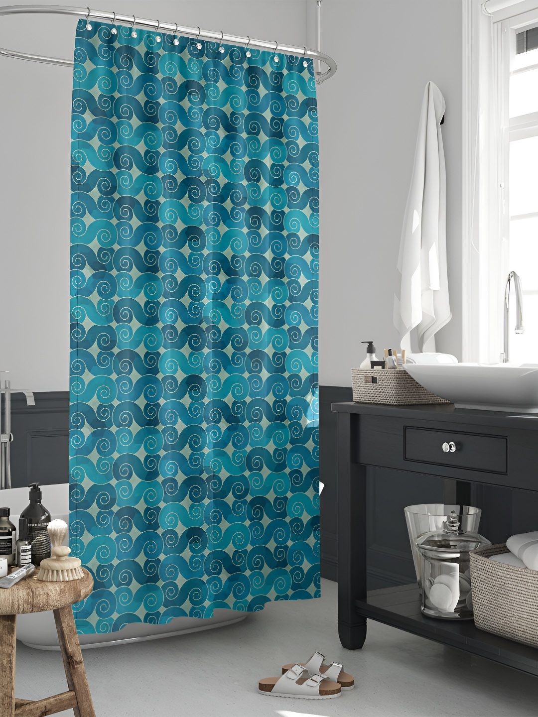 

ArtzFolio Teal-Blue & Sage-Green Wave-Printed Waterproof Shower Curtain