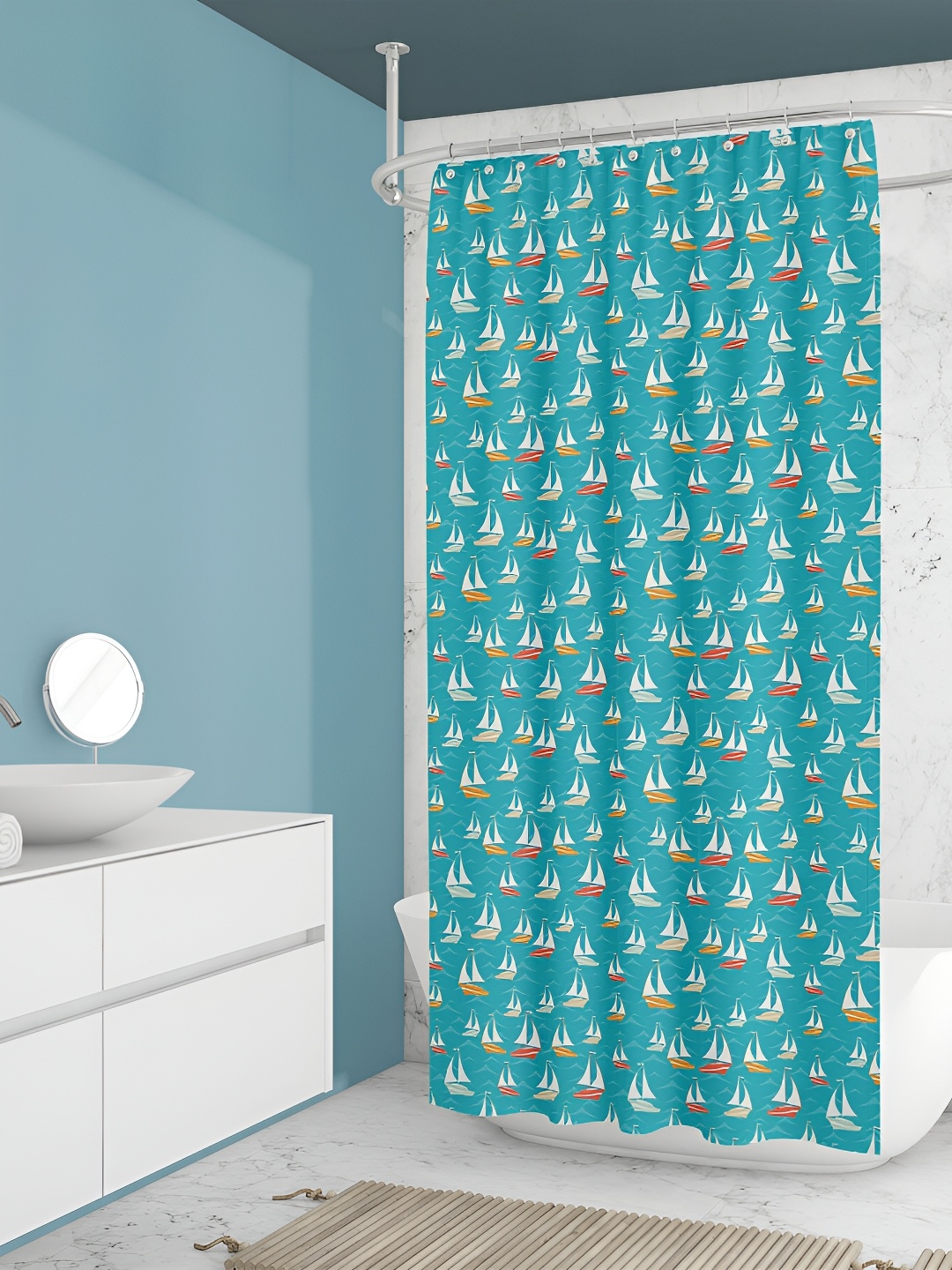 

ArtzFolio Turquoise-Blue & White Boat-Printed Waterproof Shower Curtain