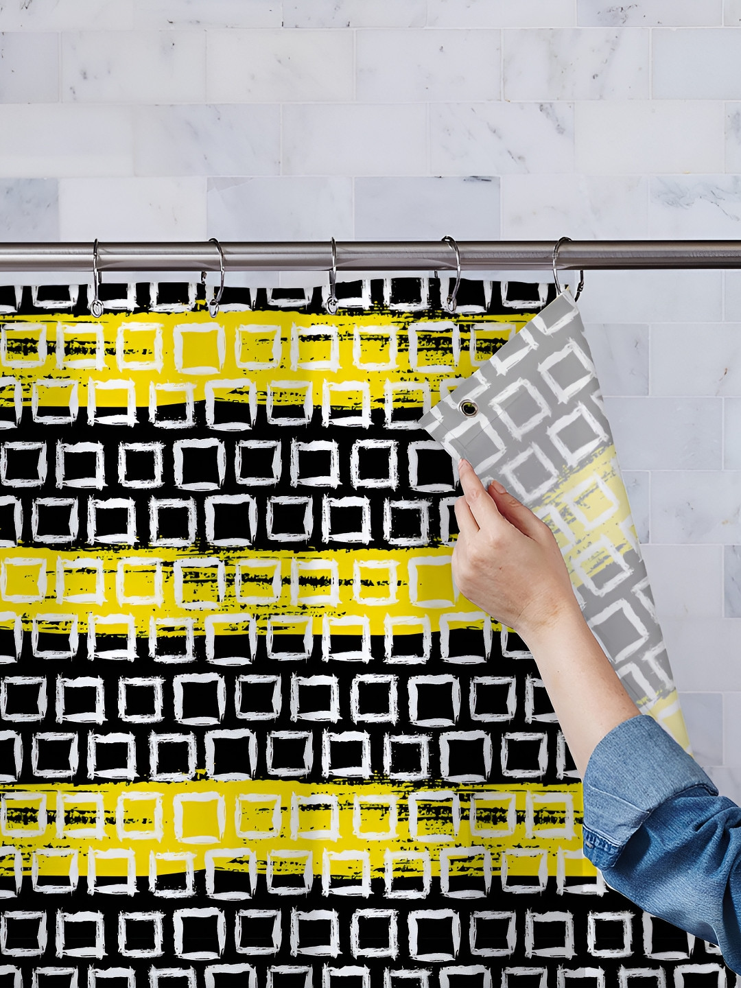 

ArtzFolio Yellow-Black & White Printed Waterproof Shower Curtains