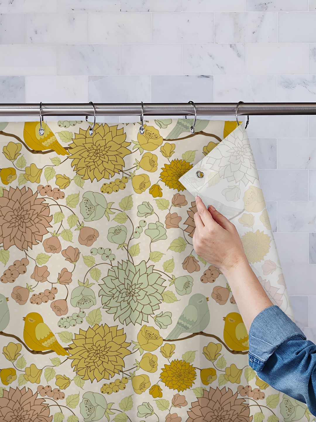 

ArtzFolio Yellow-Cream & Brown Printed Waterproof Shower Curtains