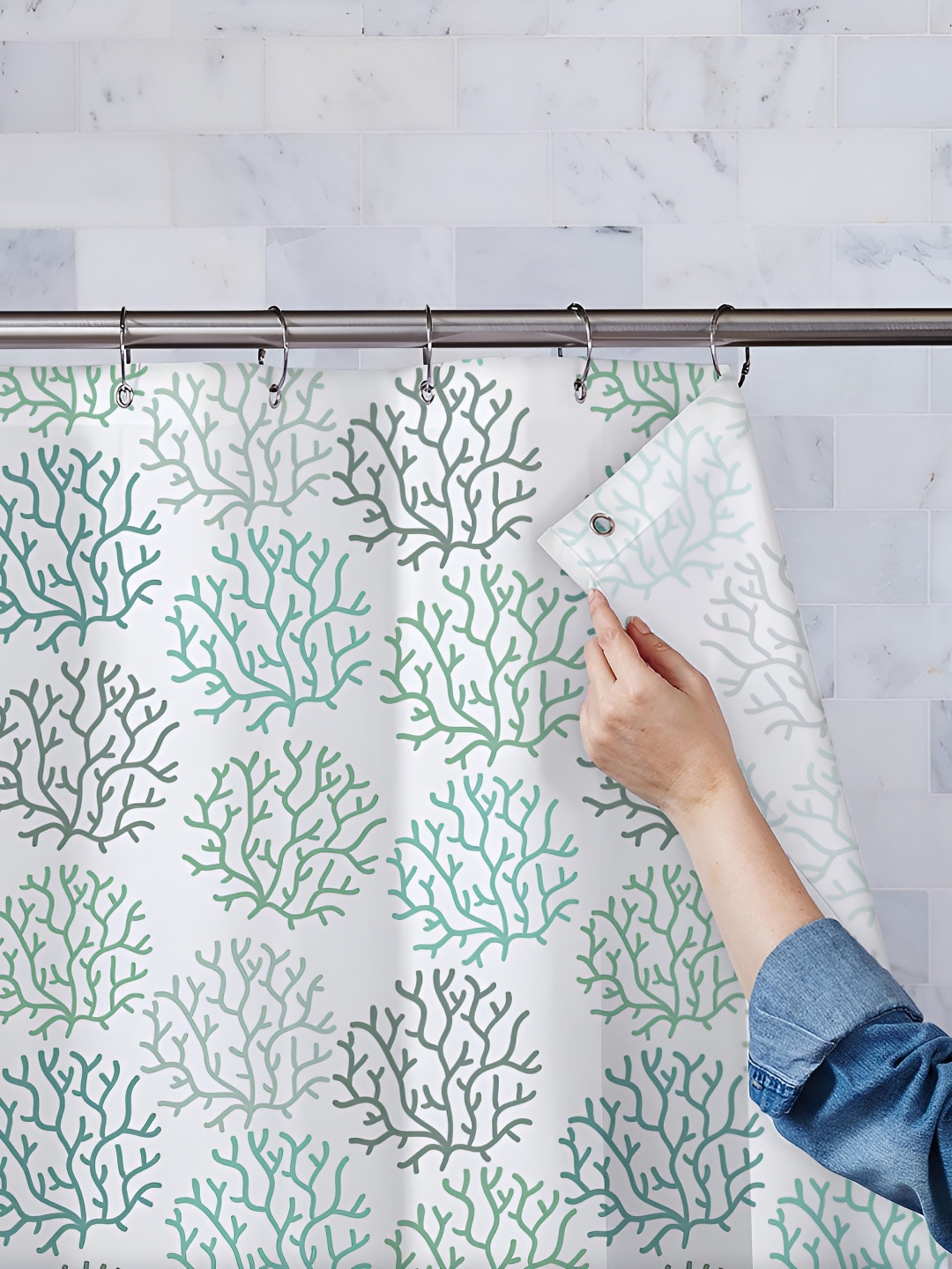 

ArtzFolio White & Green Printed Waterproof Shower Curtains