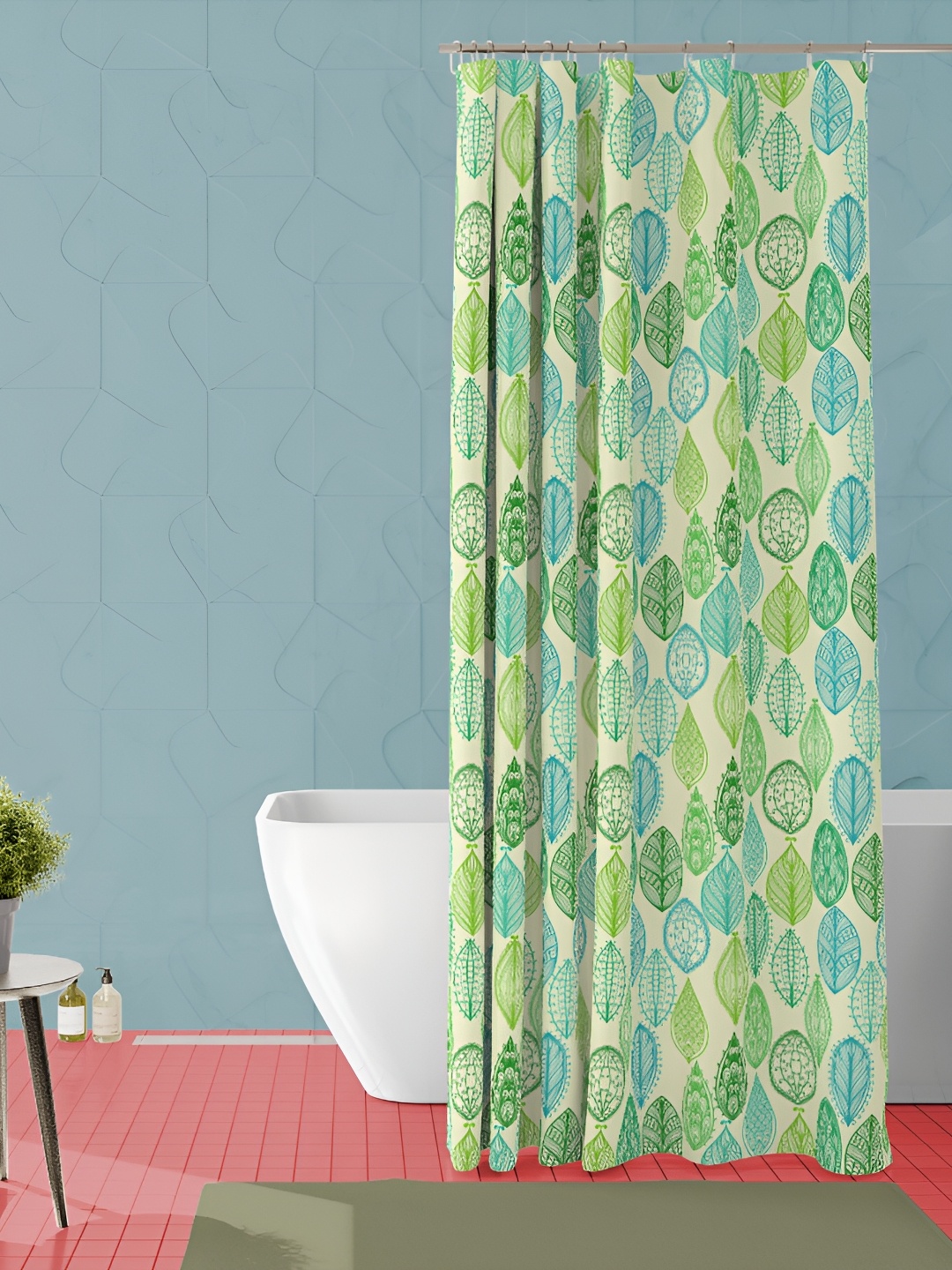 

ArtzFolio Cream-Green & Blue Printed Waterproof Shower Curtains