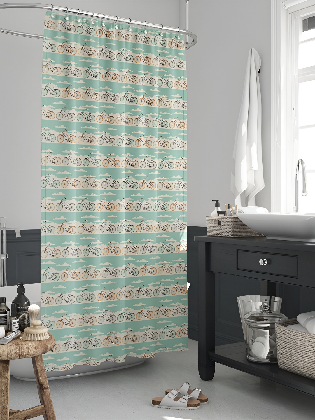 

ArtzFolio Blue & Black Printed Waterproof Shower Curtains, Cream