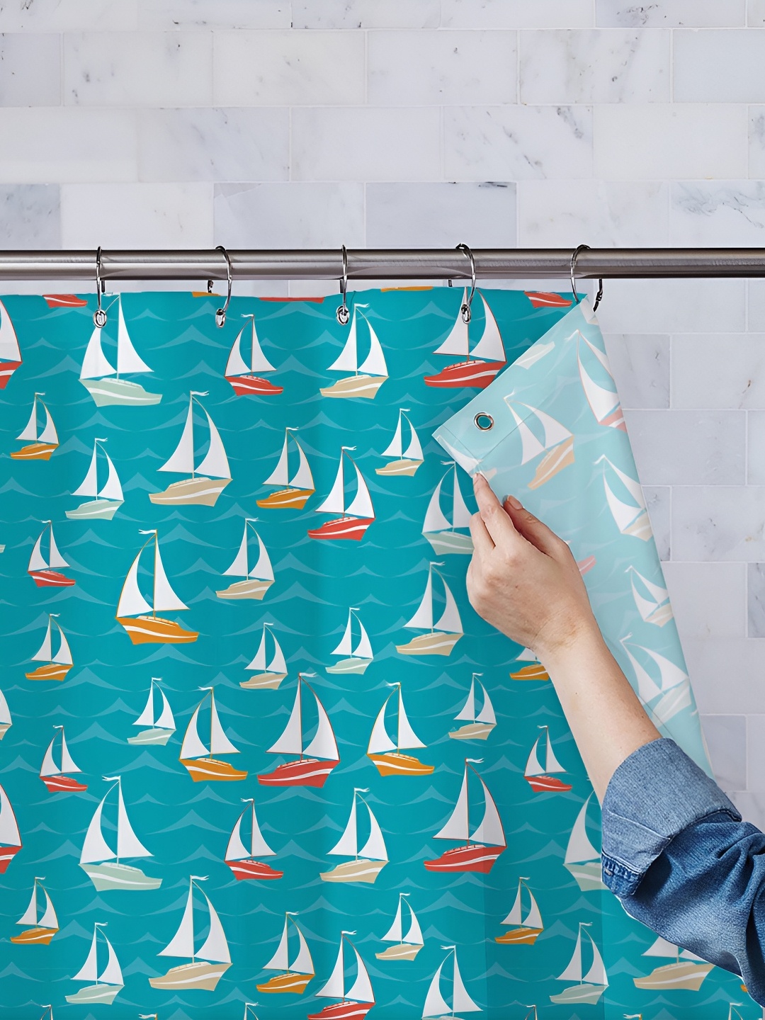 

ArtzFolio Teal Blue & White Printed Waterproof Shower Curtains