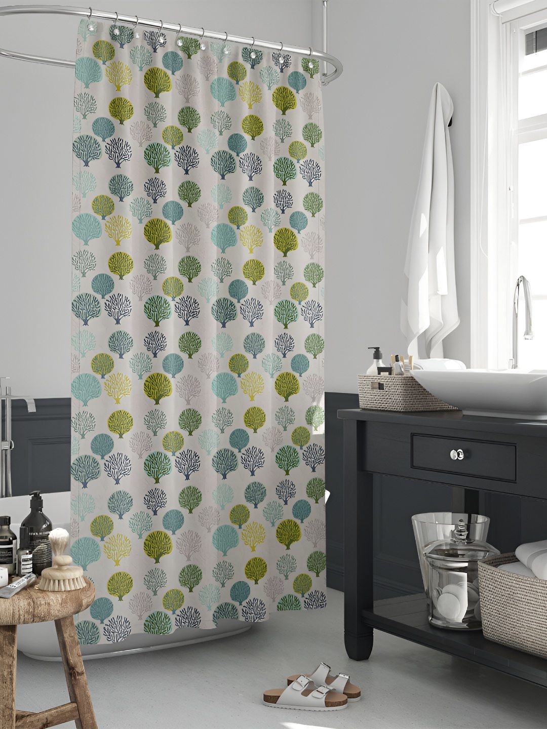 

ArtzFolio Teal Blue & White Printed Waterproof Shower Curtains