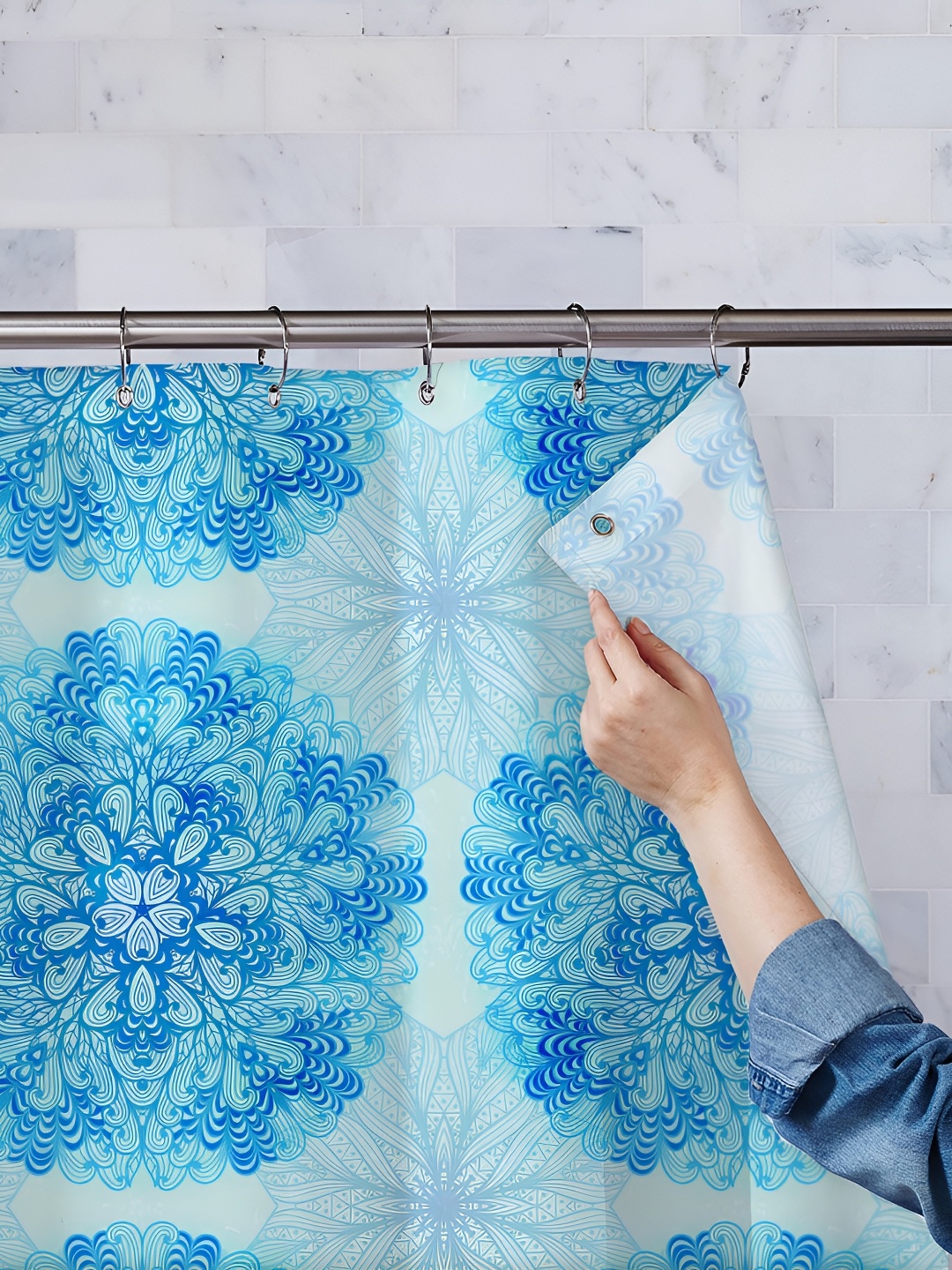 

ArtzFolio Blue & White Printed Waterproof Shower Curtain