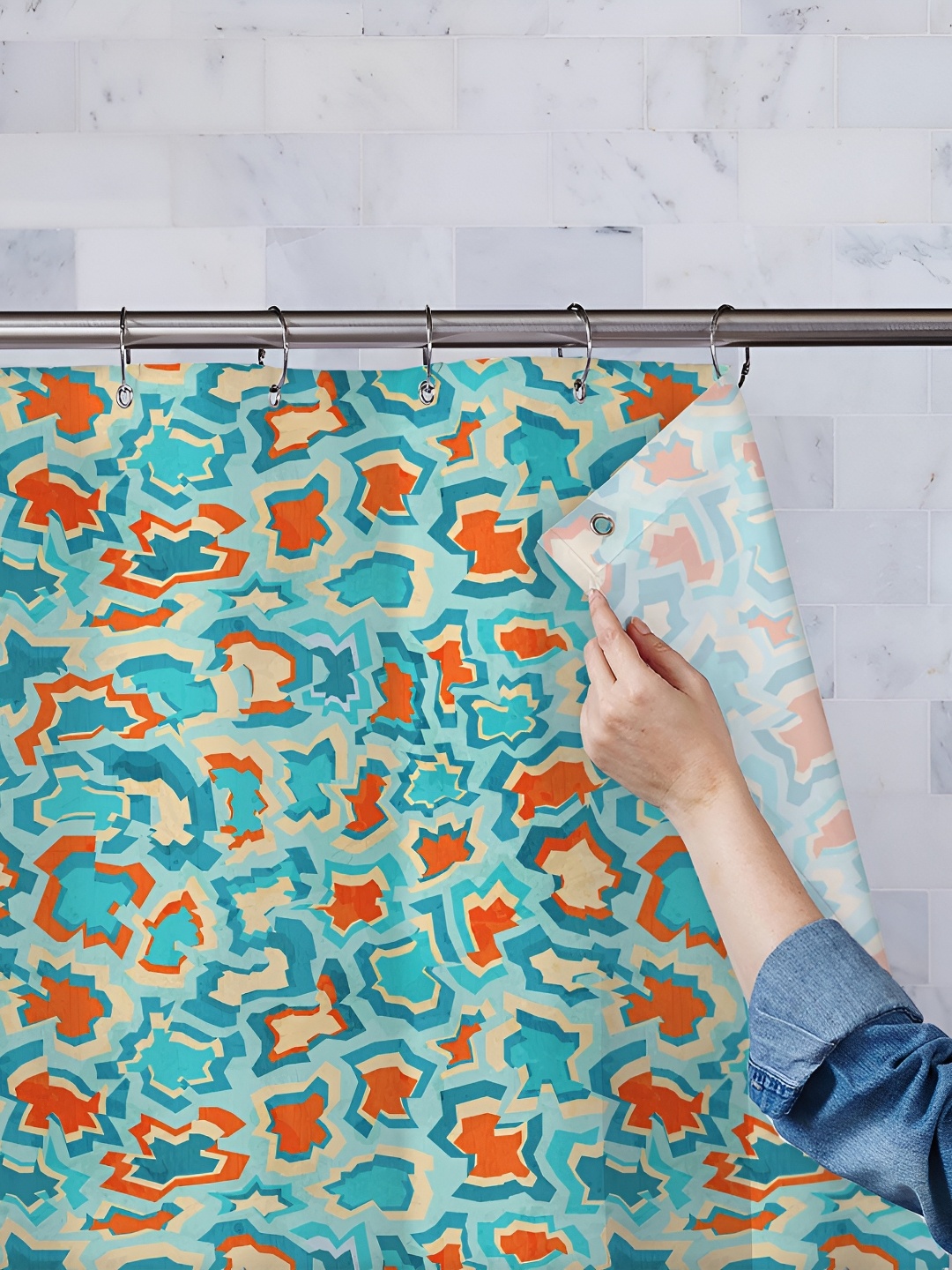 

ArtzFolio Blue & Orange Colored Printed Waterproof Shower Curtains