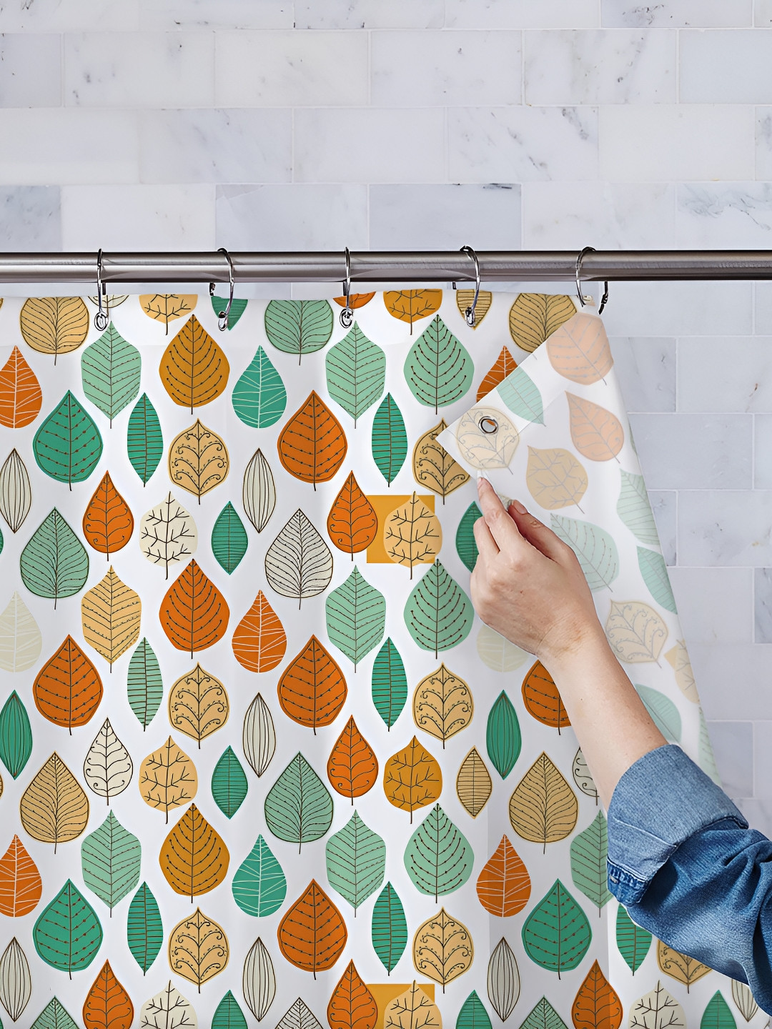 

ArtzFolio White & Green Leaf-Printed Waterproof Shower Curtain