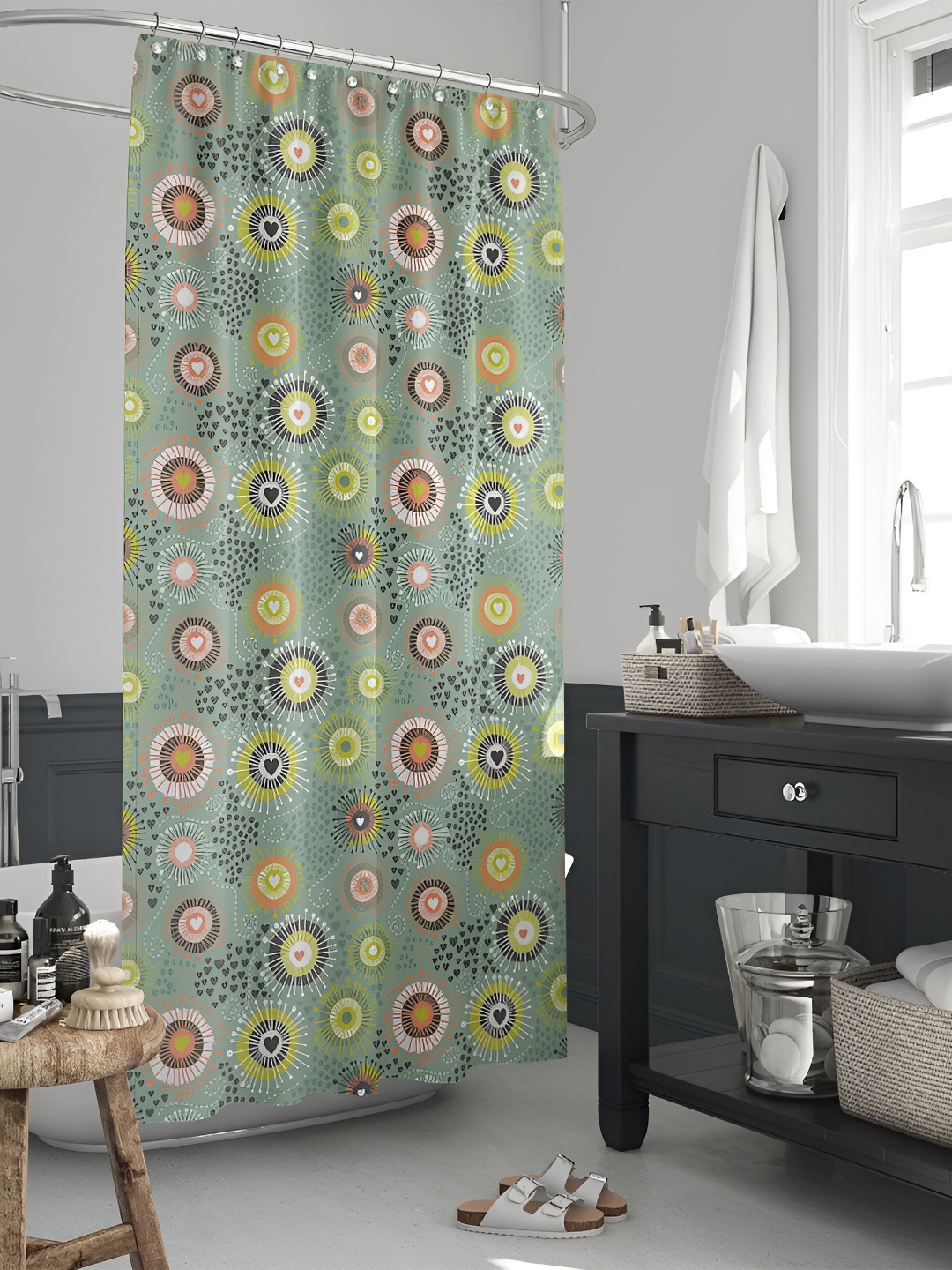 

ArtzFolio Green -Yellow & Rust Printed Waterproof Shower Curtains