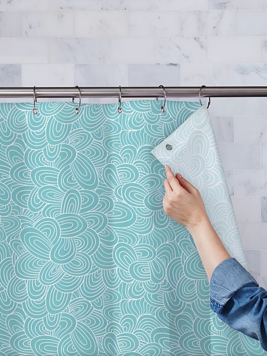 

ArtzFolio Turquoise Blue & White Printed Waterproof Shower Curtains