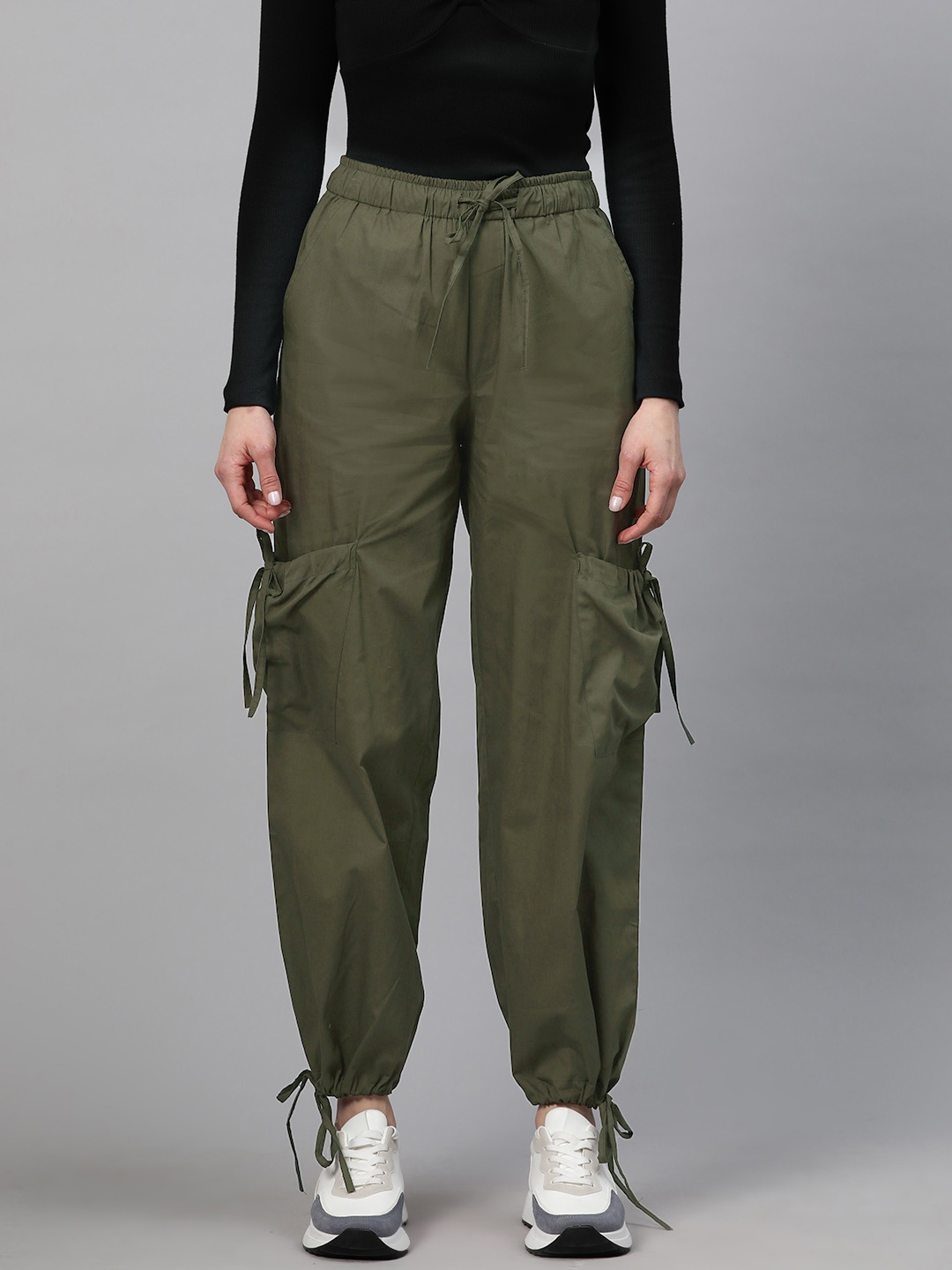 

Popnetic Loose Fit High-Rise Pure Cotton Parachute Cargos Trousers, Olive