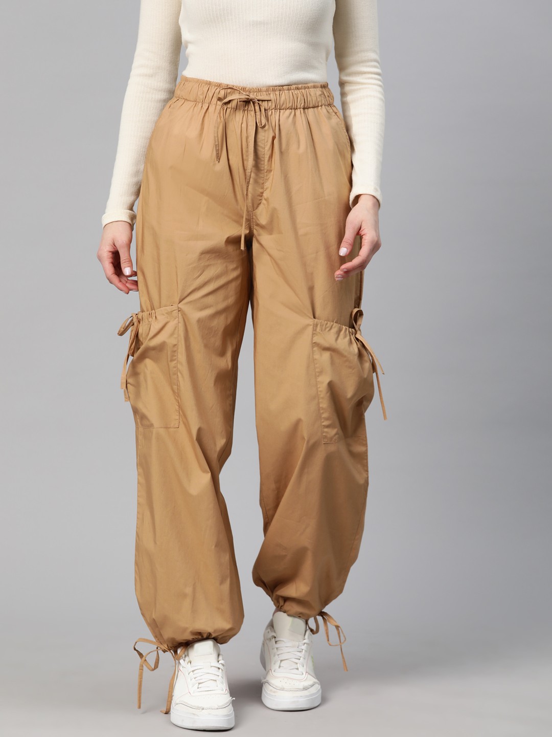 

Popnetic Loose Fit High-Rise Pure Cotton Parachute Cargos Trousers, Camel brown