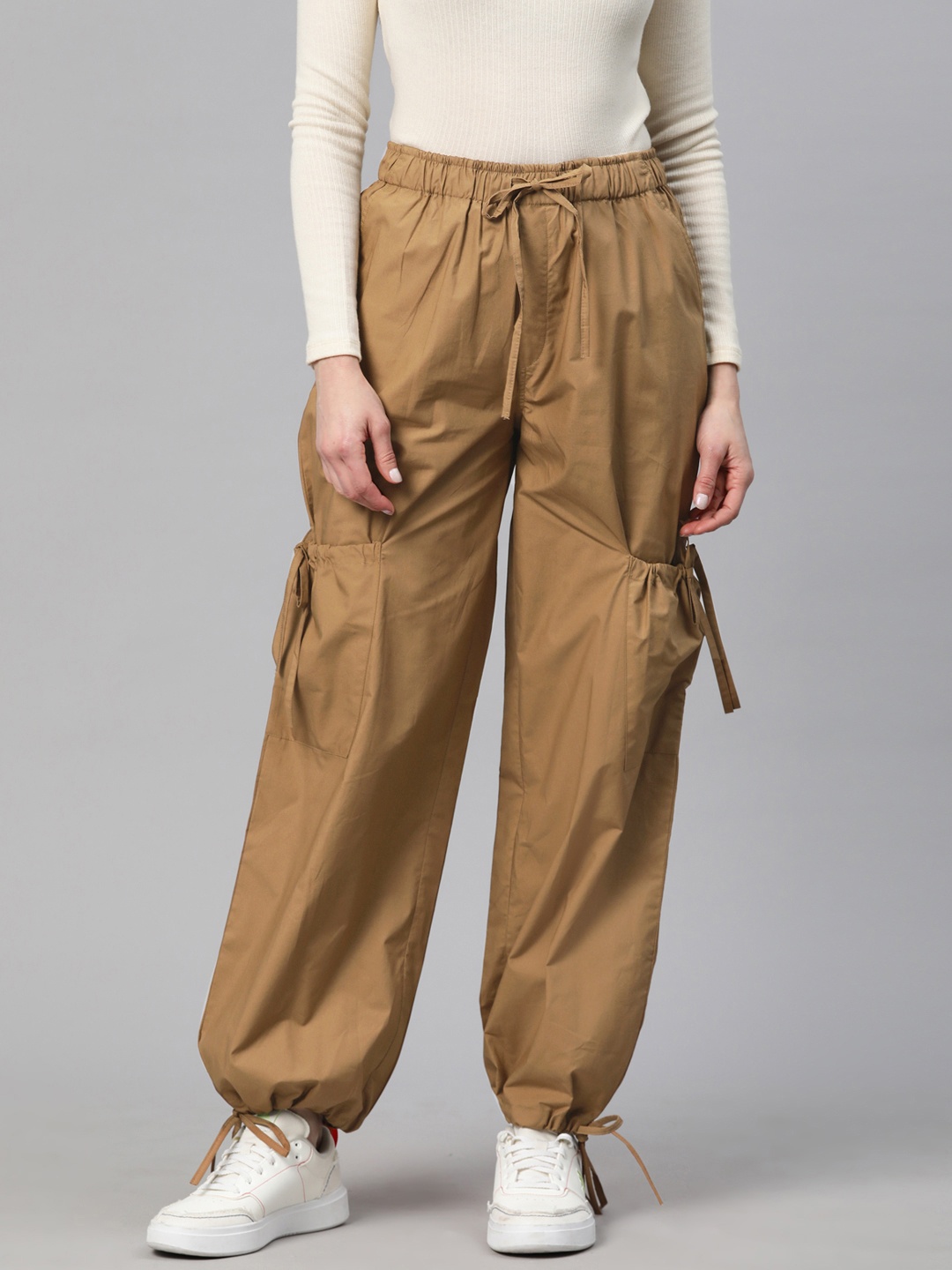 

Popnetic Loose Fit High-Rise Pure Cotton Parachute Cargos Trousers, Taupe