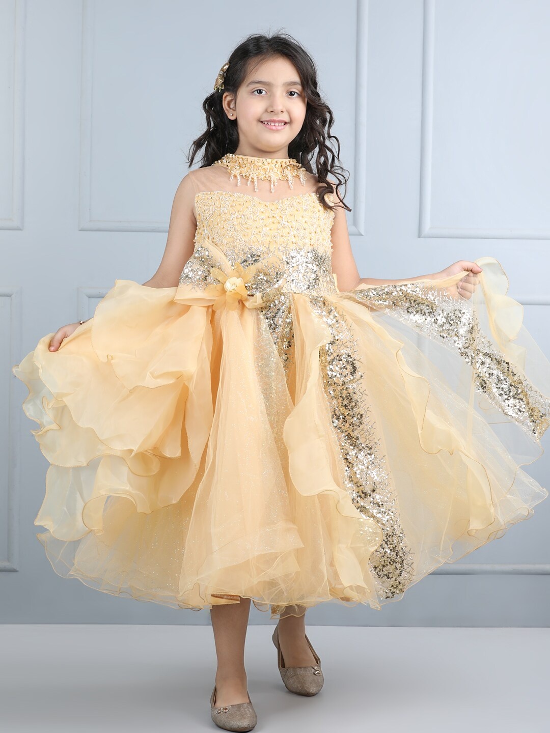 

WhiteHenz CLOTHING Girls Embellished Bow Detailed Net Fit & Flare Midi Dress, Gold