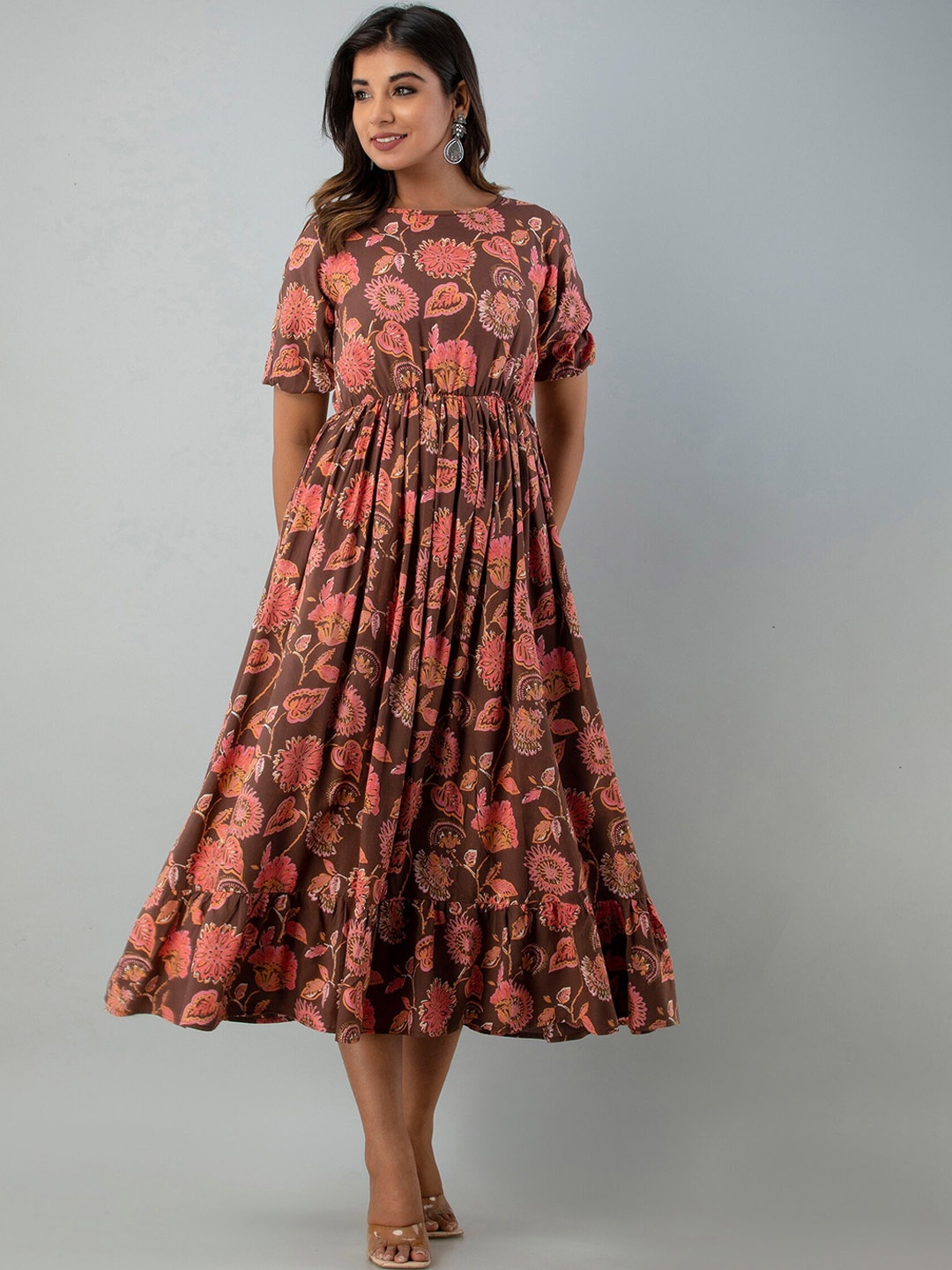 

INDIANIC Women Floral Printed Fit & Flare Midi Ethnic Dresses, Brown