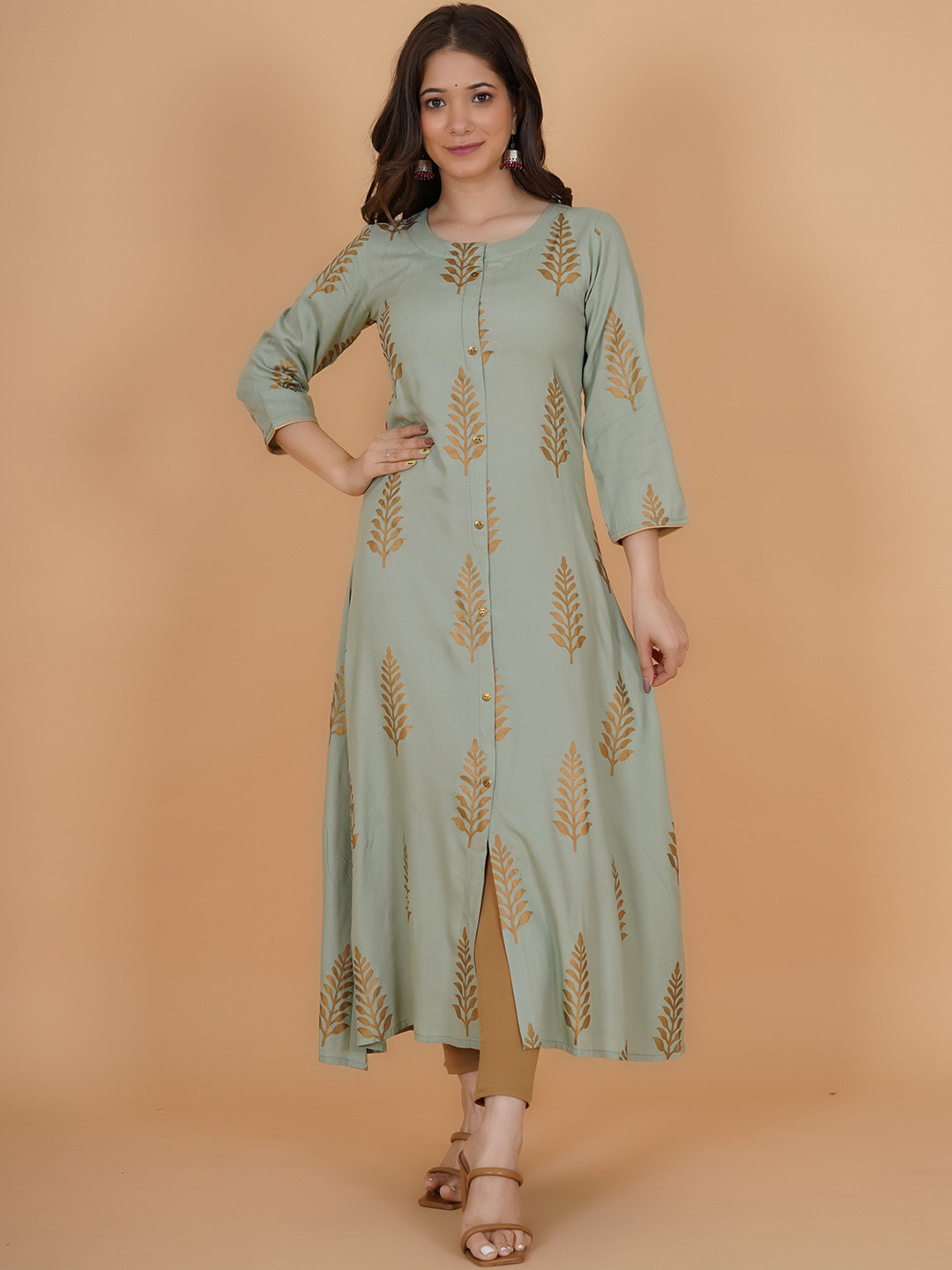 

INDIANIC Floral Printed Round Neck A-Line Kurta, Sea green