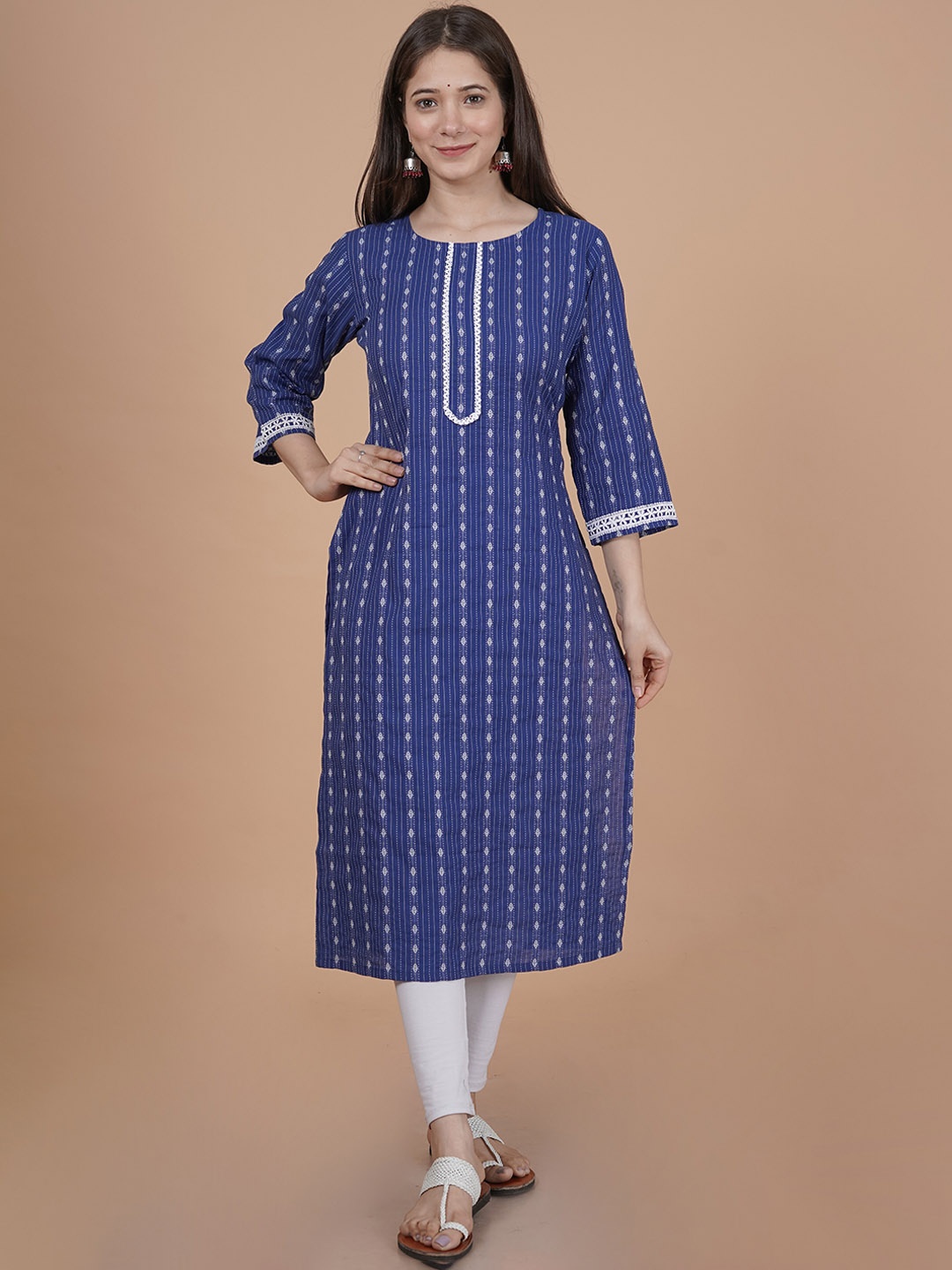 

INDIANIC Ethnic Motifs Printed Round Neck Gotta Patti Cotton Straight Kurta, Navy blue