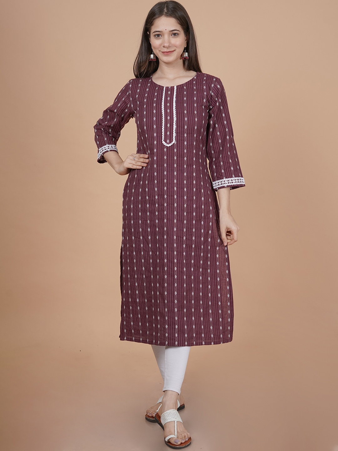 

INDIANIC Ethnic Motifs Printed Round Neck Gotta Patti Cotton Straight Kurta, Maroon