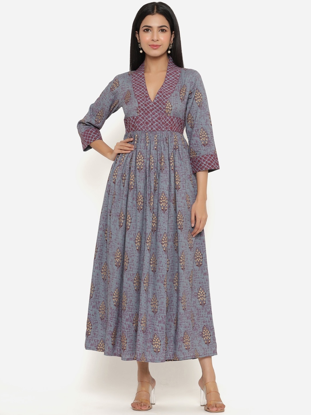 

INDIANIC Ethnic Motifs Floral Printed Anarkali Kurta, Purple
