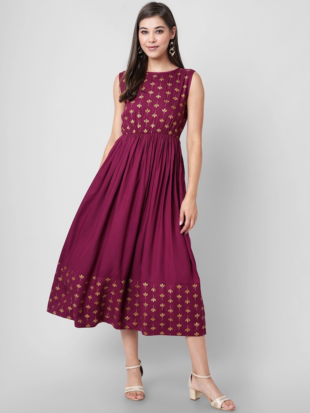 

INDIANIC Ethnic Motifs Printed Mirror Work Anarkali Kurta, Maroon