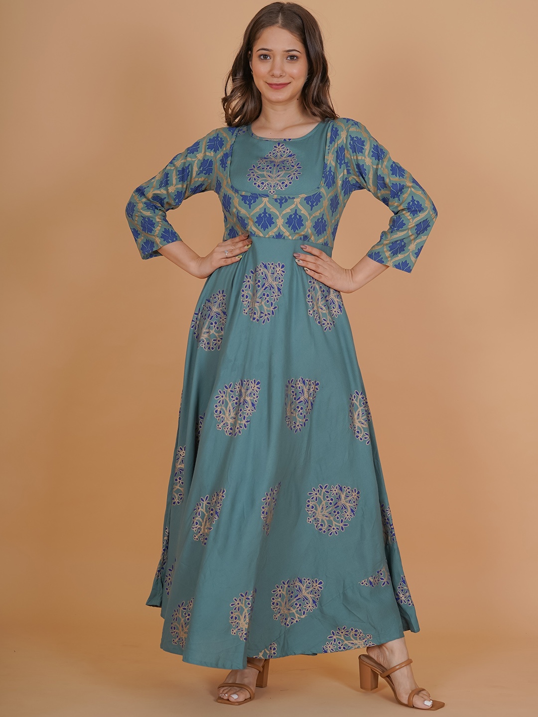 

INDIANIC Ethnic Motifs Printed Round Neck Anarkali Kurta, Sea green