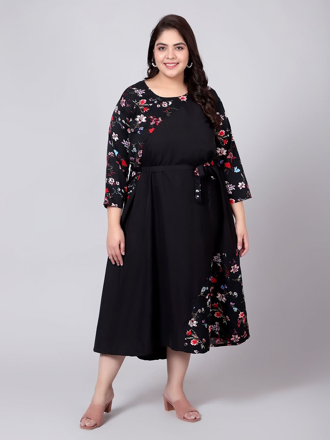 

Indietoga Plus Size Floral Printed Fit & Flare Long Maxi Dress, Black