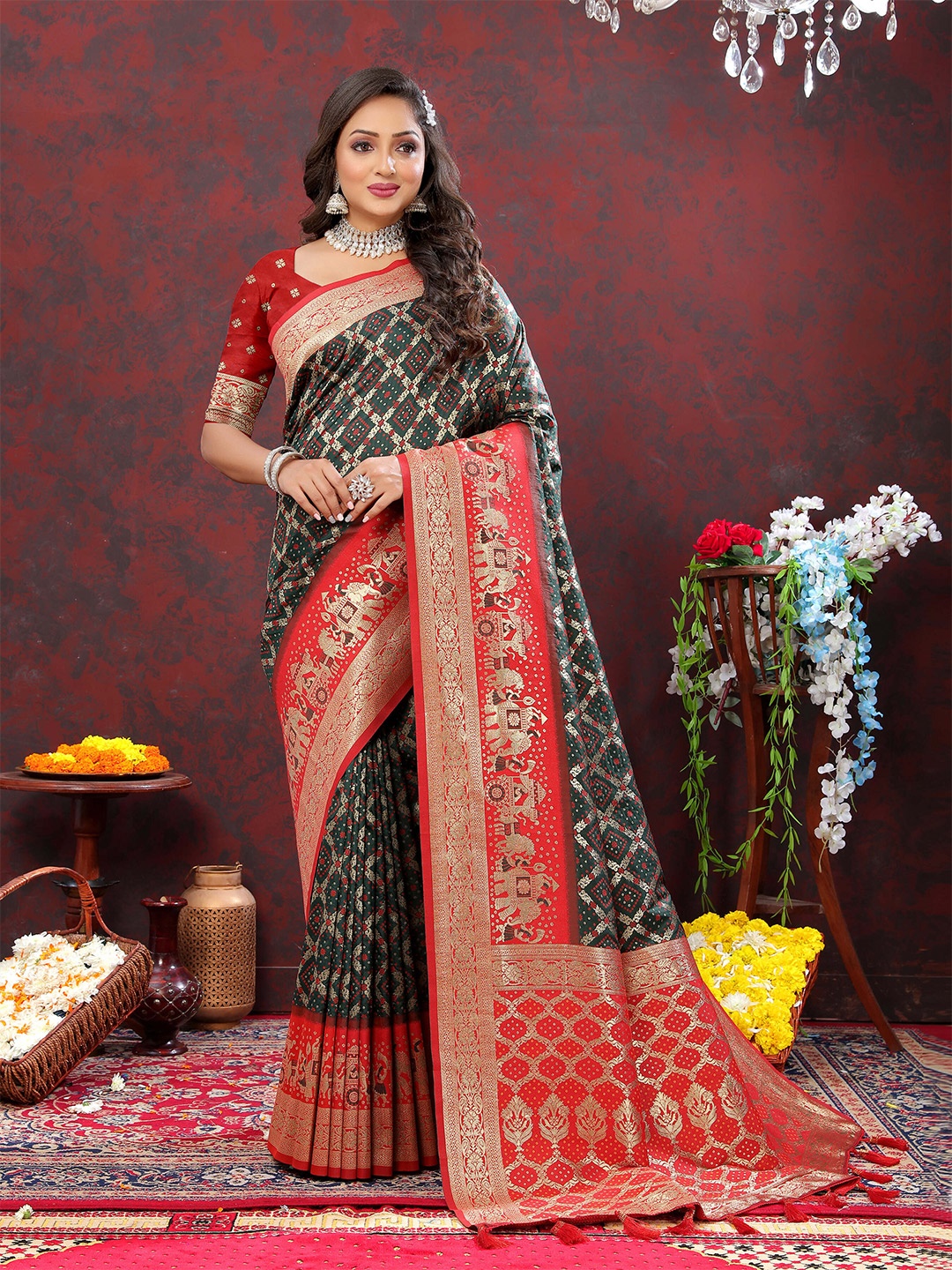 

Munir Ethnic Motifs Woven Design Zari Patola Saree, Black