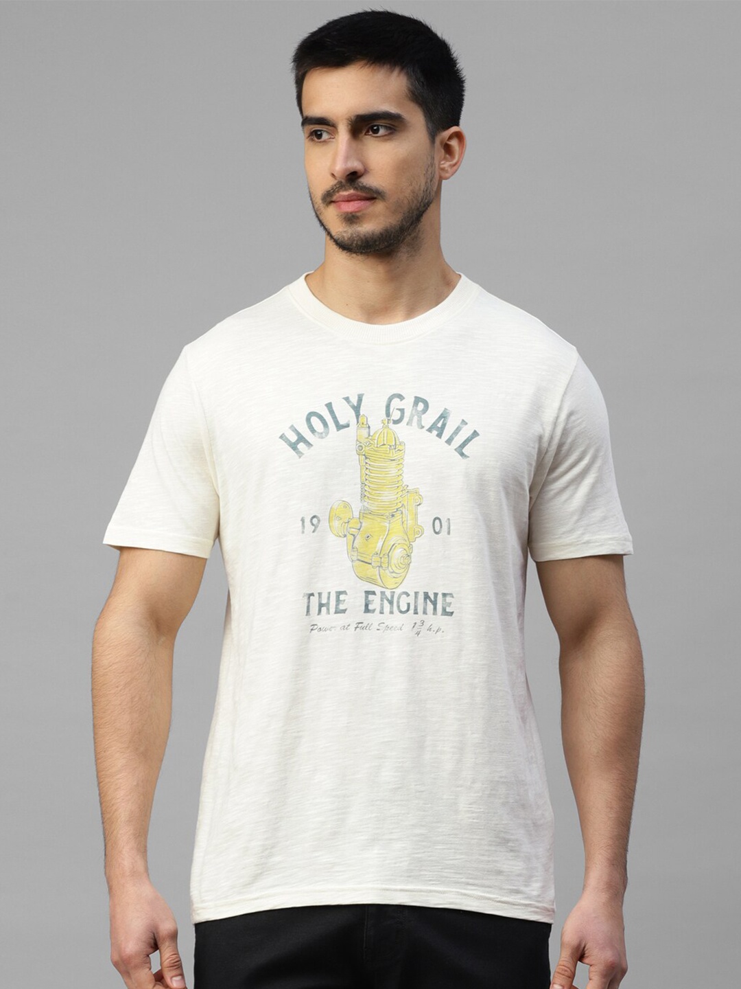 

Royal Enfield Round Neck Short Sleeves Typography Printed T-shirt, Off white