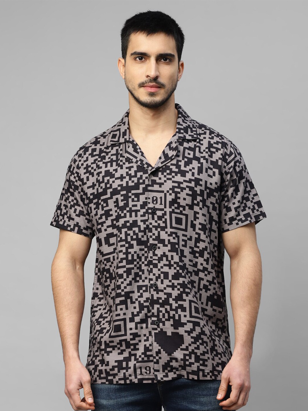

Royal Enfield Printed Spread Collar Casual Shirt, Grey