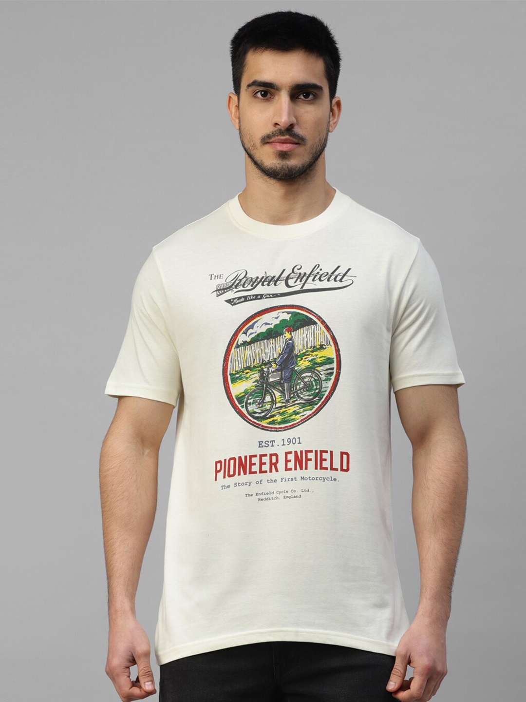 

Royal Enfield Typography Printed Round Neck Cotton T-shirt, Off white