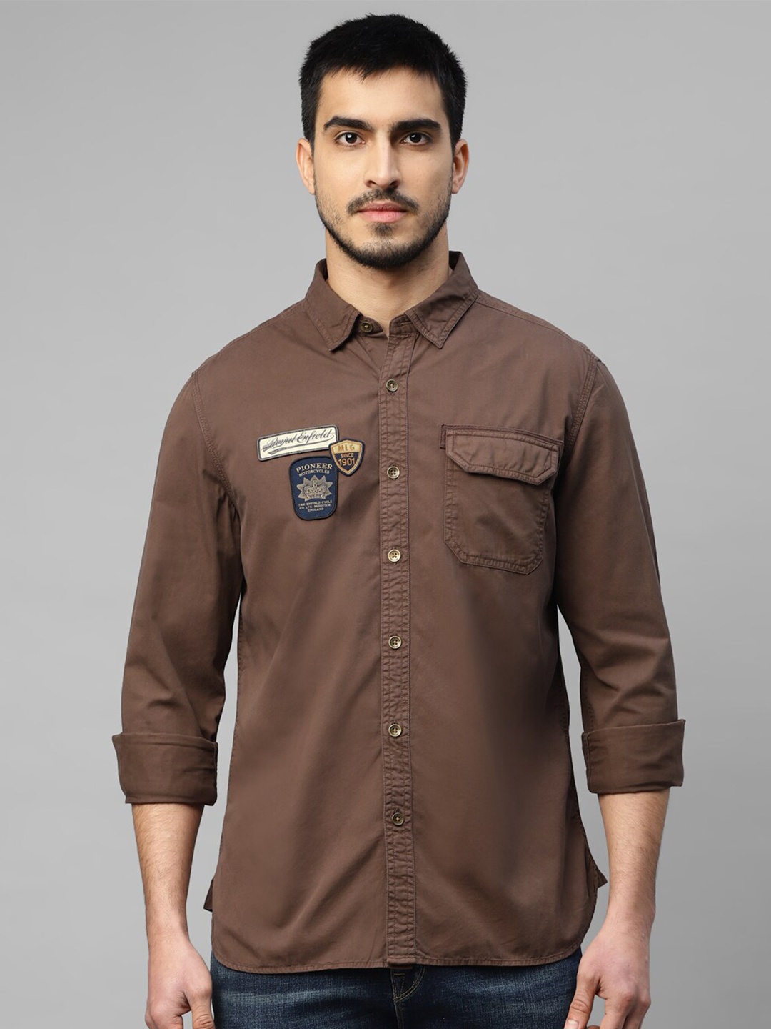 

Royal Enfield Spread Collar Applique Casual Shirt, Brown