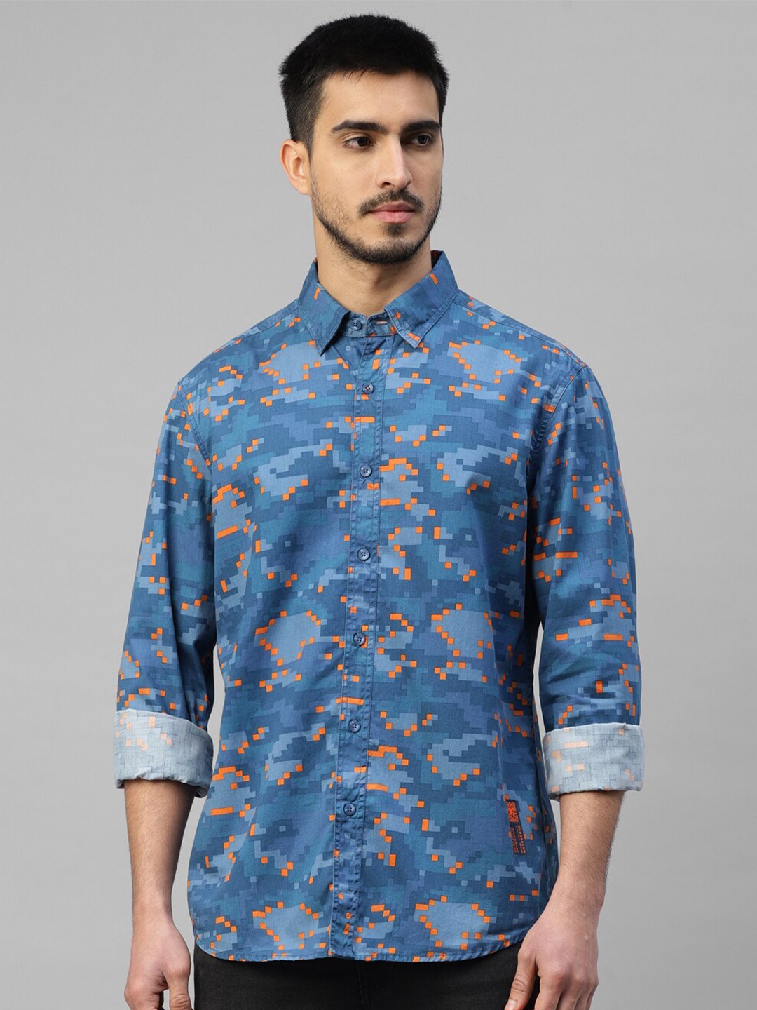 

Royal Enfield Printed Spread Collar Casual Shirt, Blue