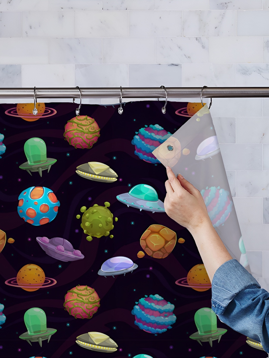 

ArtzFolio Black & Blue Printed Waterproof Shower Curtains