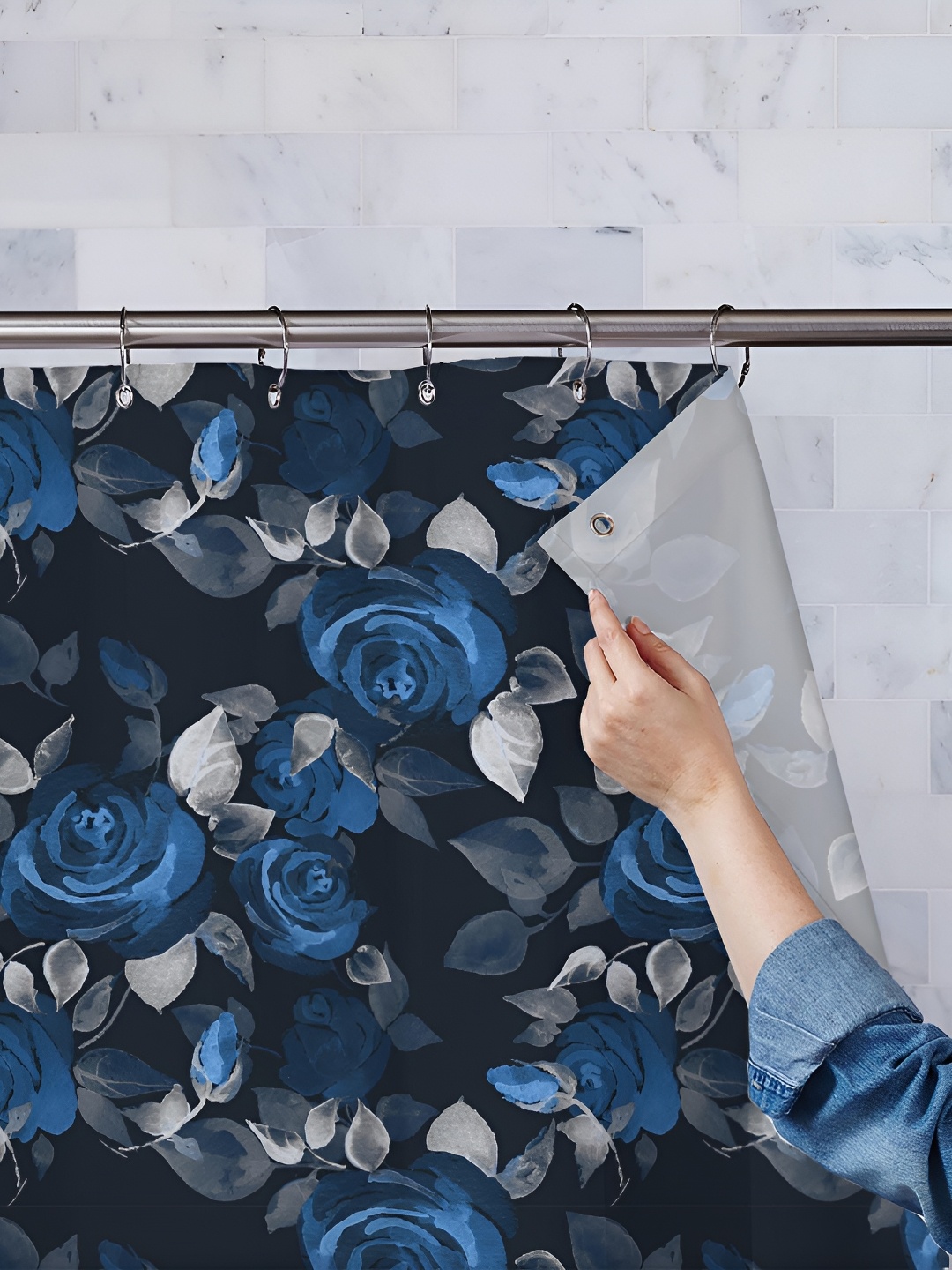 

ArtzFolio Black & Blue Printed Waterproof Shower Curtain