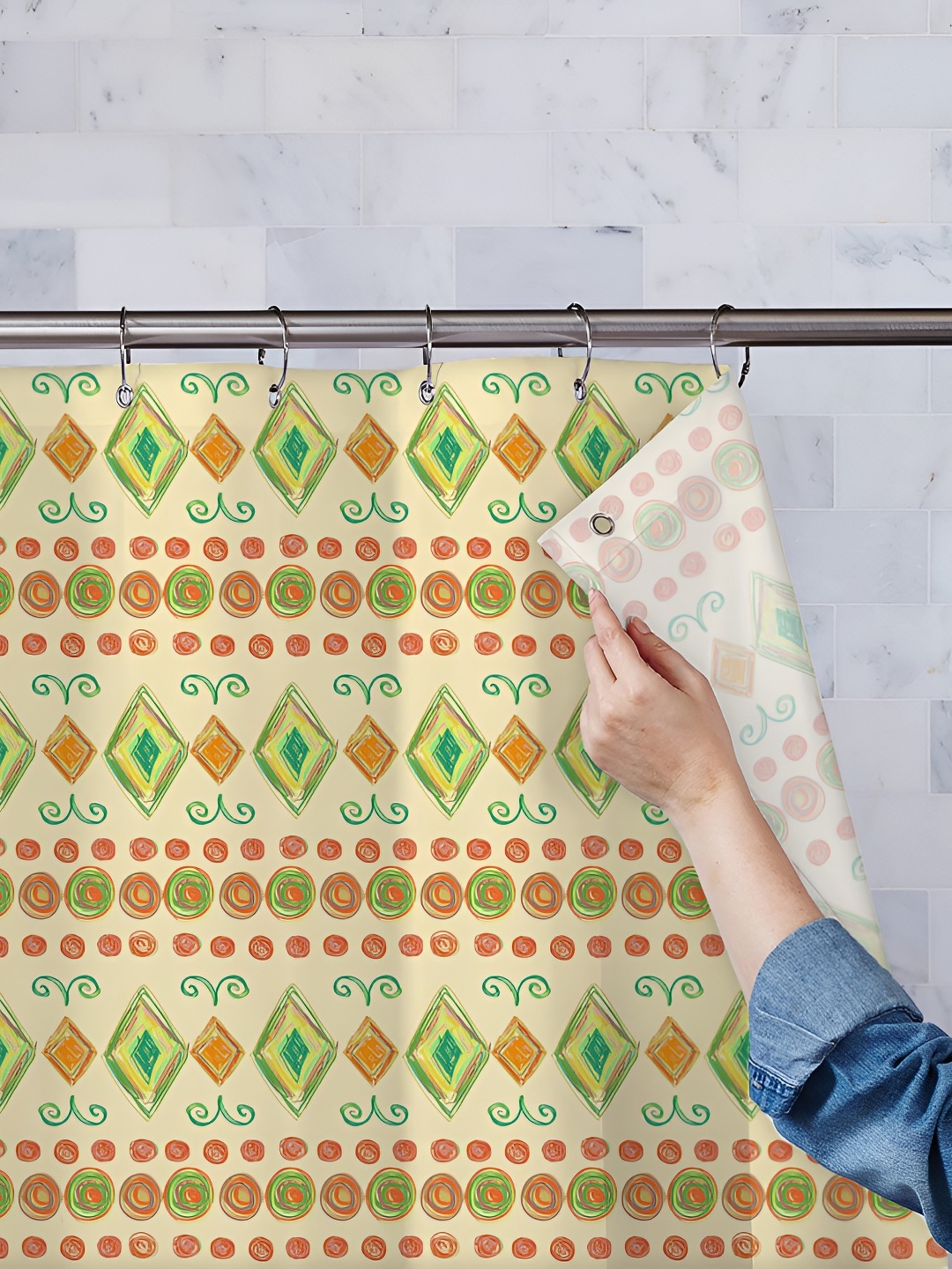 

ArtzFolio Beige & Green Printed Waterproof Shower Curtains
